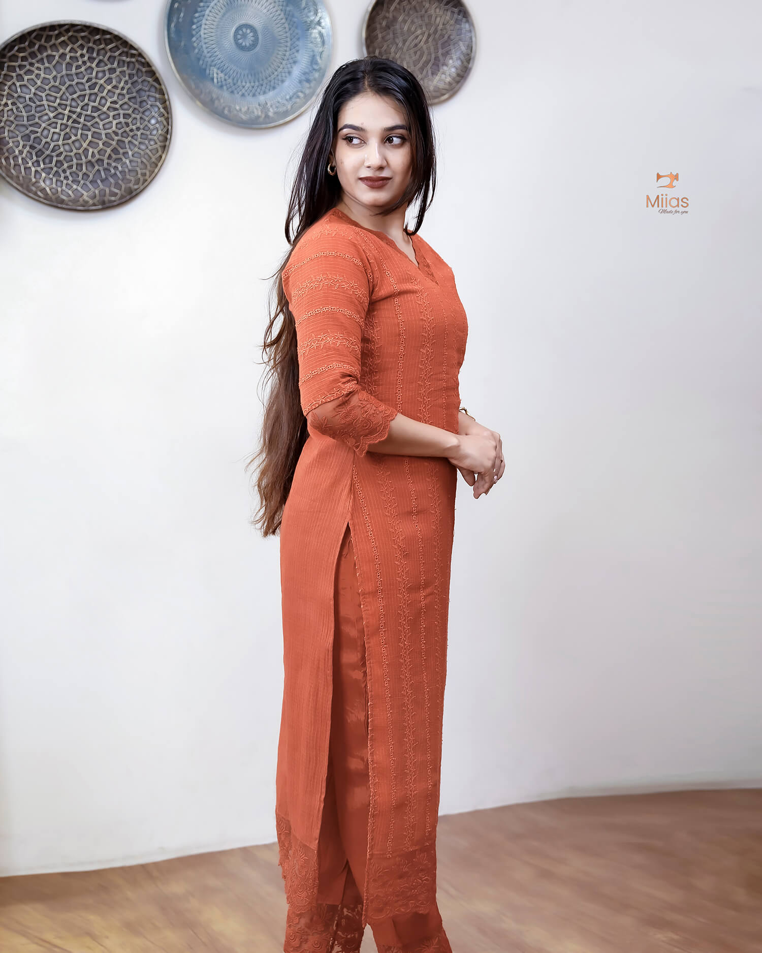 Cotton Kota Check Three-Piece Set with Lace Trim-Brick Red.