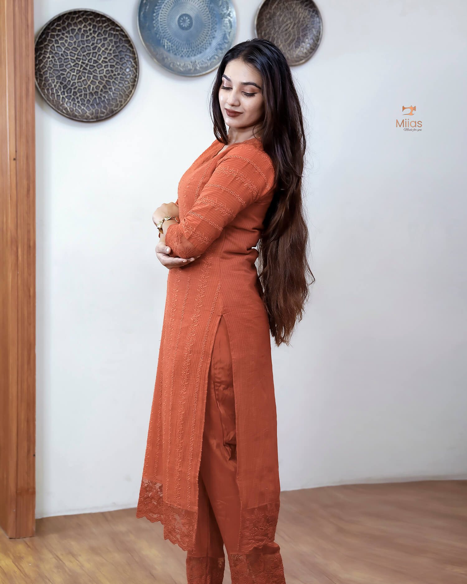 Cotton Kota Check Three-Piece Set with Lace Trim-Brick Red.