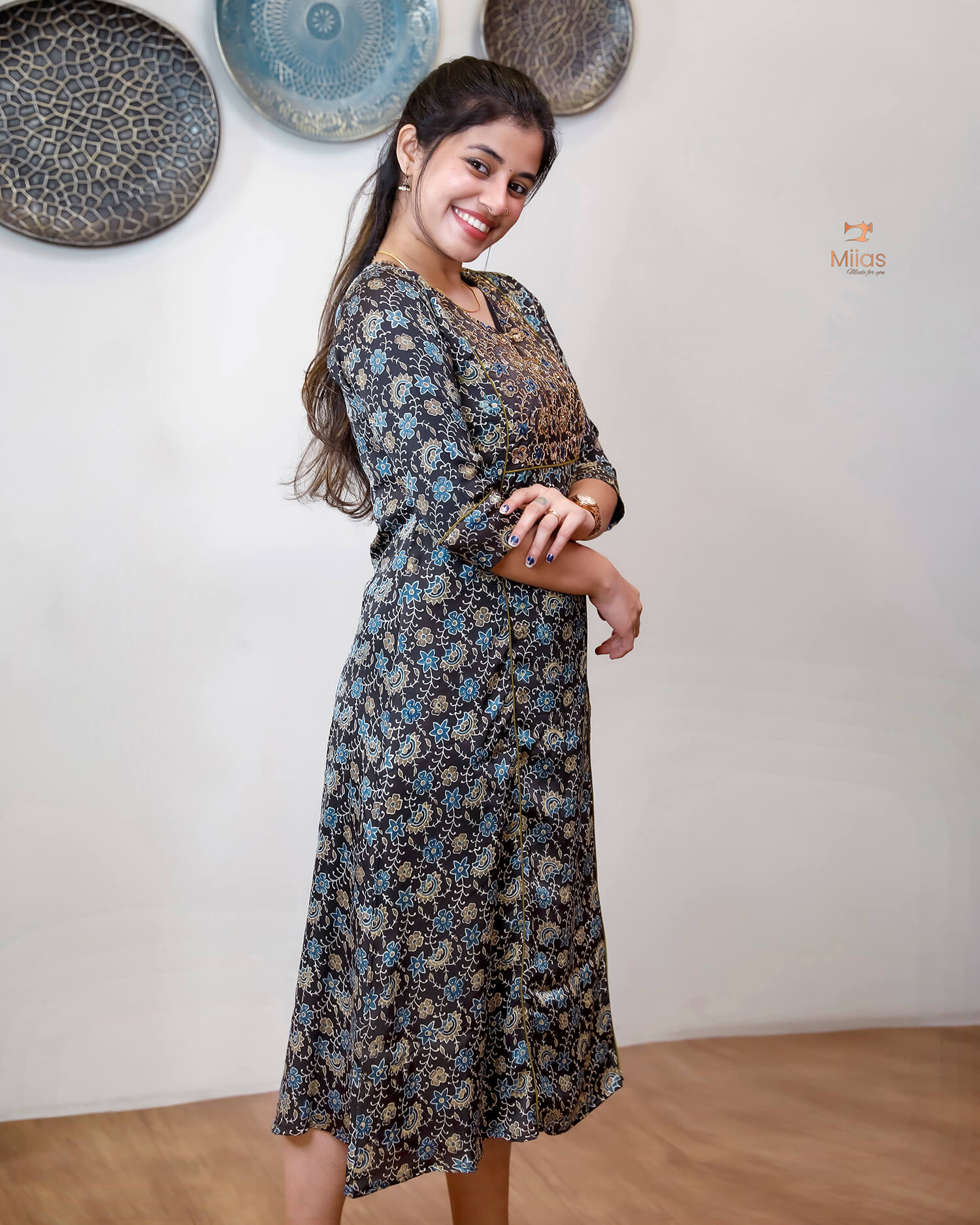 Modal Silk A-Line Kurti with Hand Embellishment-Dark Brown