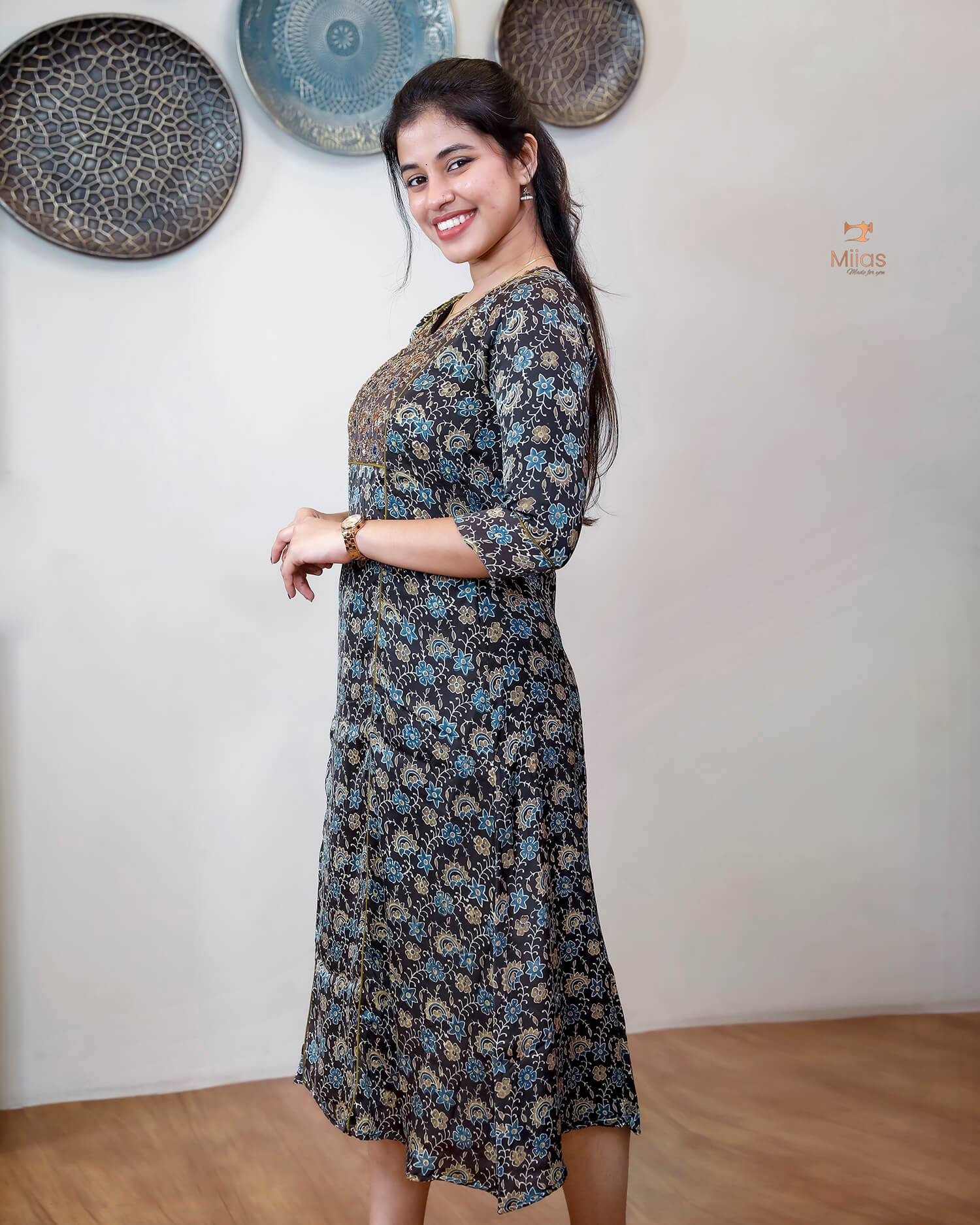 Modal Silk A-Line Kurti with Hand Embellishment-Dark Brown