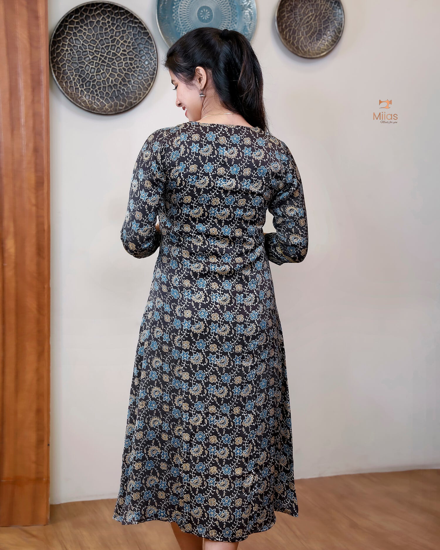 Modal Silk A-Line Kurti with Hand Embellishment-Dark Brown