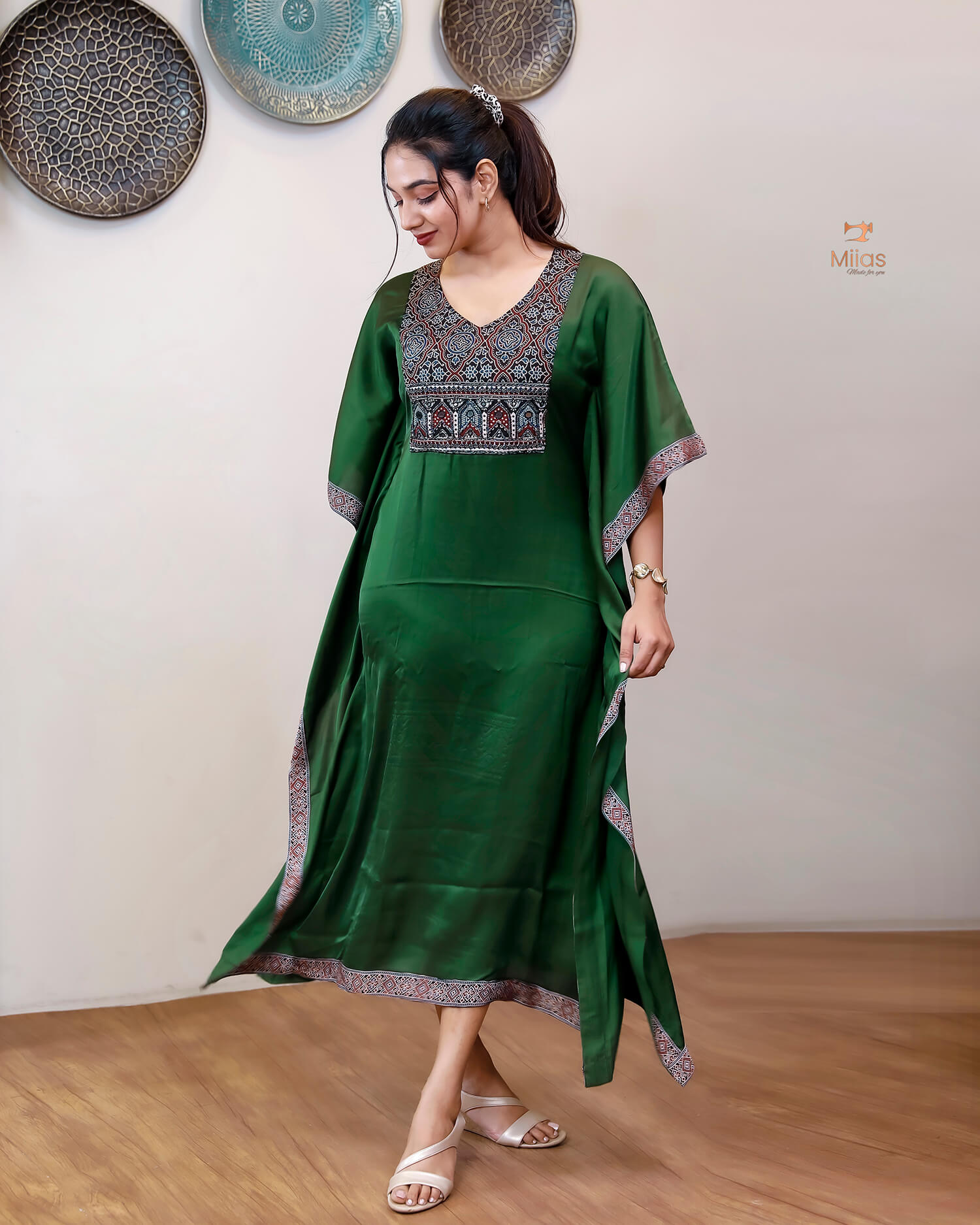 Modal Silk Kaftan: Embroidered Modal Dress with Beads & Mirrors-Emerald Green.