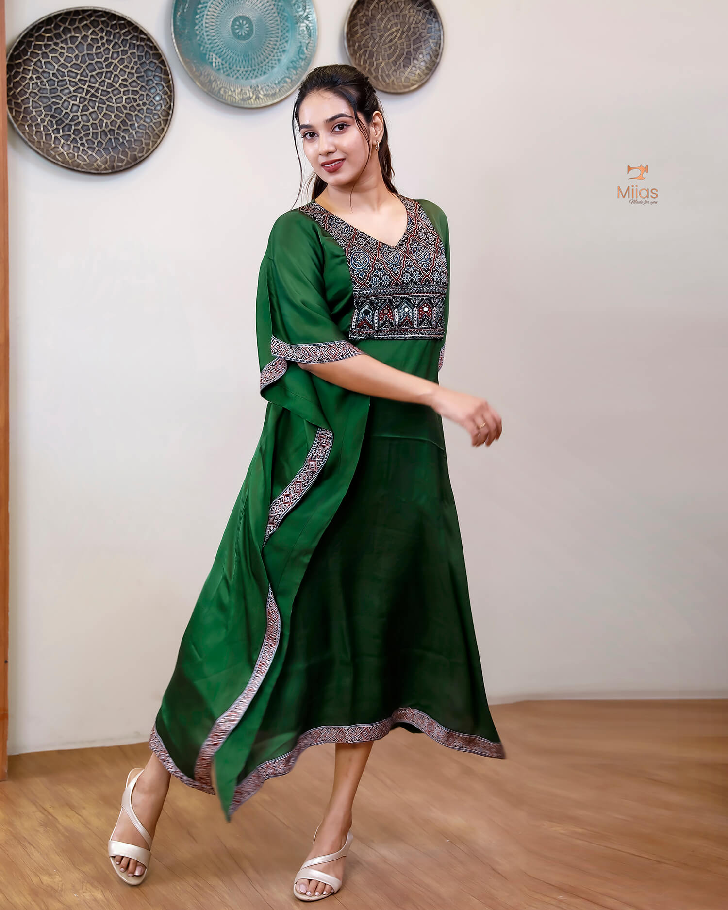 Modal Silk Kaftan: Embroidered Modal Dress with Beads & Mirrors-Emerald Green.