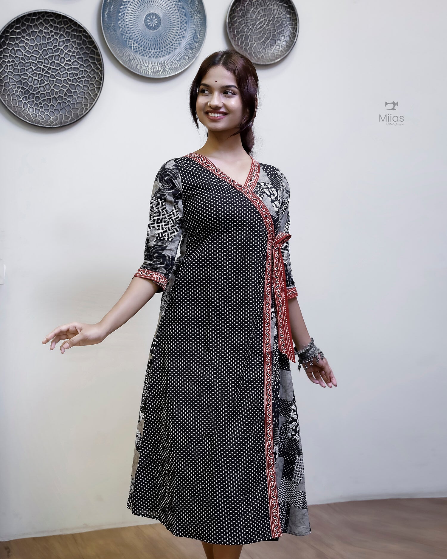 South Cotton Panel Dress/Kurti | Overlap + Tie Detail | Black & Gray