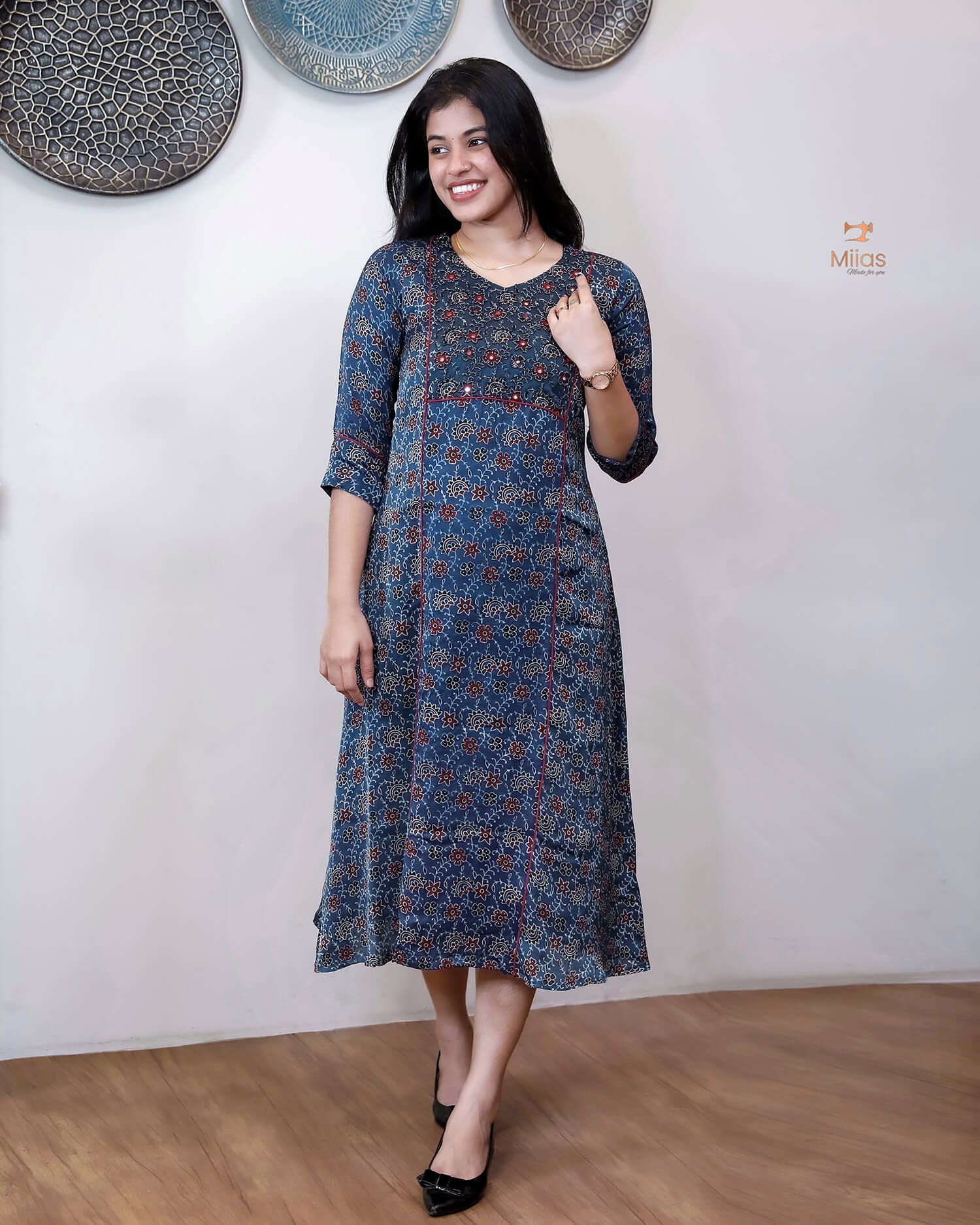 Modal Silk A-Line Kurti with Hand Embellishment-Blue