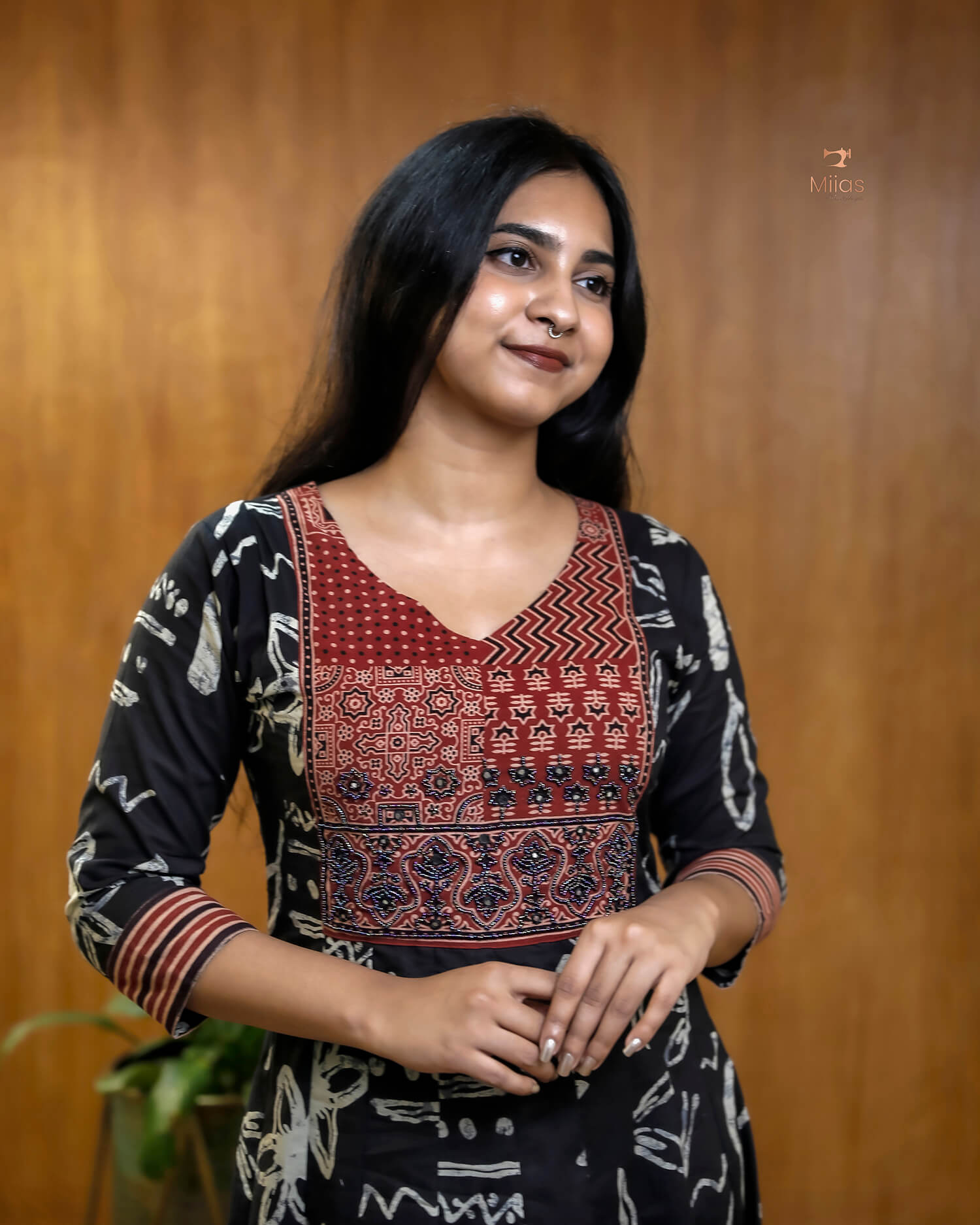 Ajrakh Print Cotton Kurti with Mirror & Bead Work - South Cotton