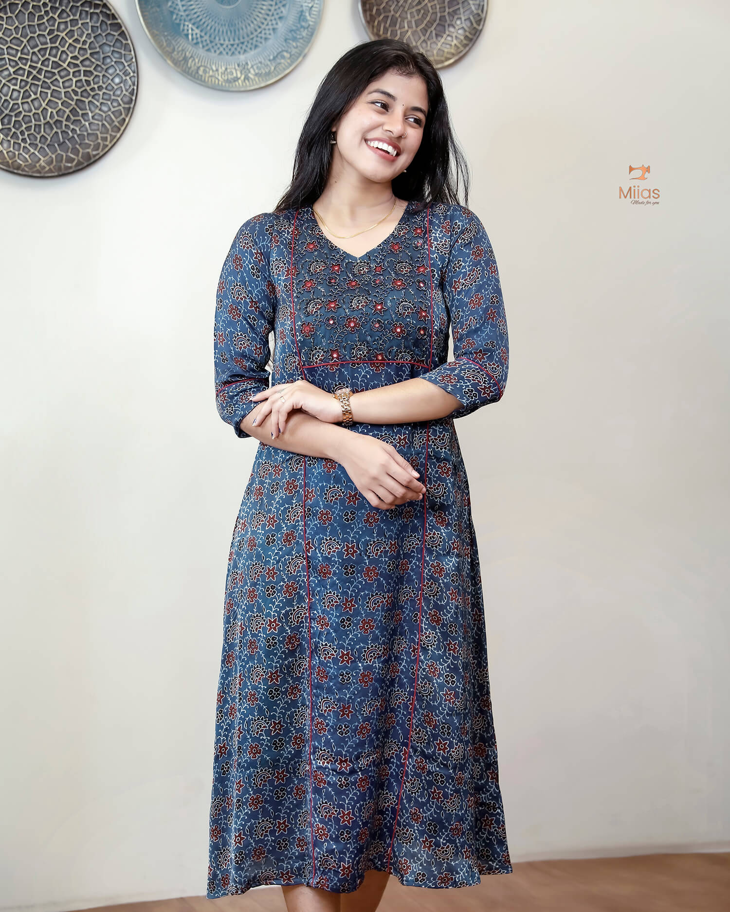 Modal Silk A-Line Kurti with Hand Embellishment-Blue