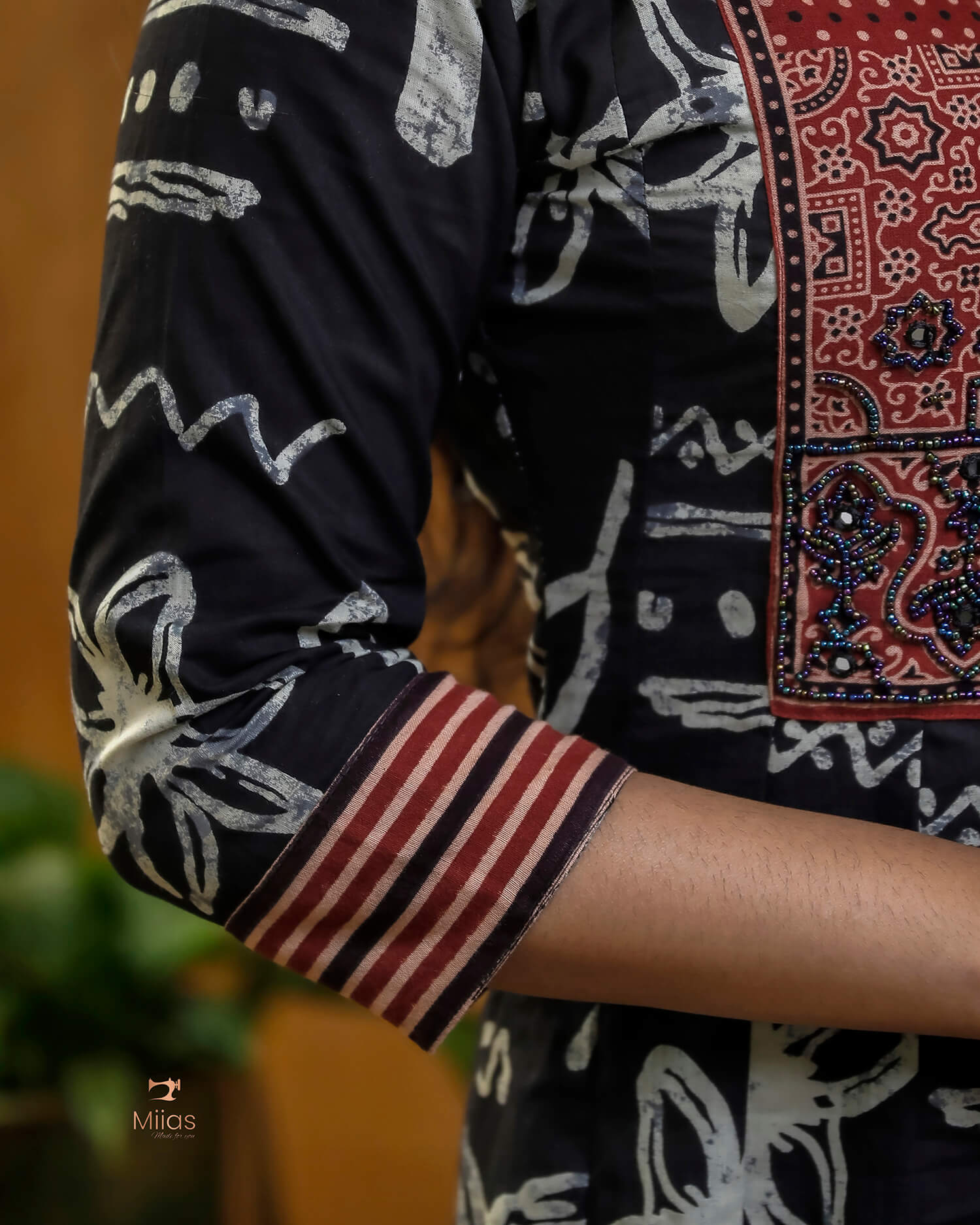 Ajrakh Print Cotton Kurti with Mirror & Bead Work - South Cotton