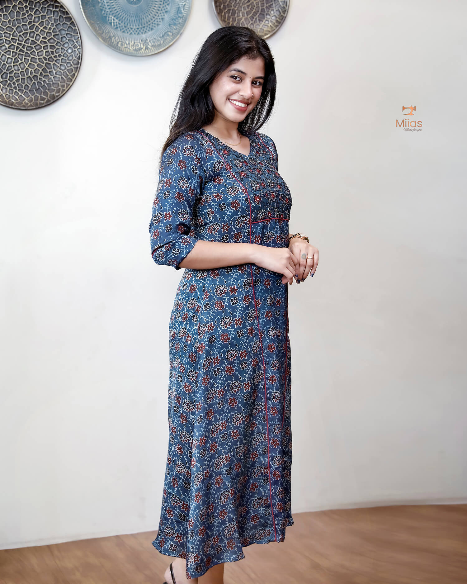 Modal Silk A-Line Kurti with Hand Embellishment-Blue