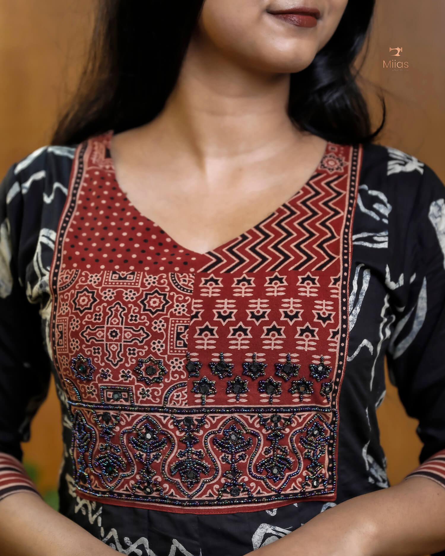 Ajrakh Print Cotton Kurti with Mirror & Bead Work - South Cotton