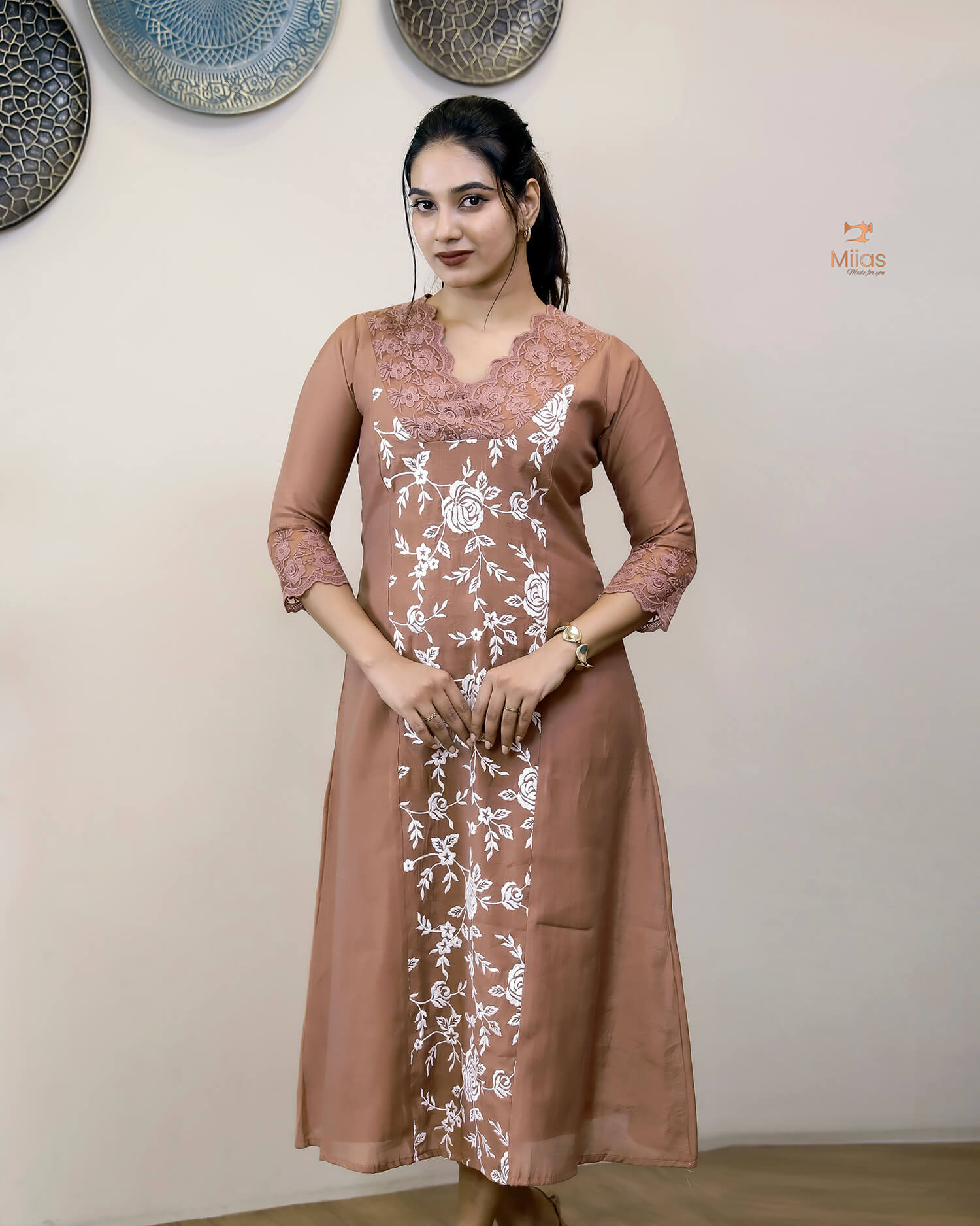 Mul Chanderi Dress Kurti | Embroidered 3-Panel Design-Brown.