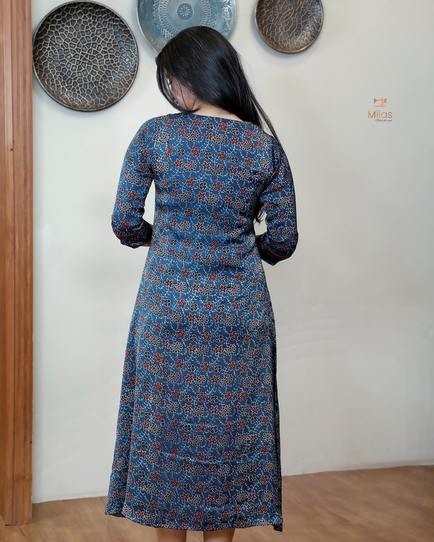 Modal Silk A-Line Kurti with Hand Embellishment-Blue