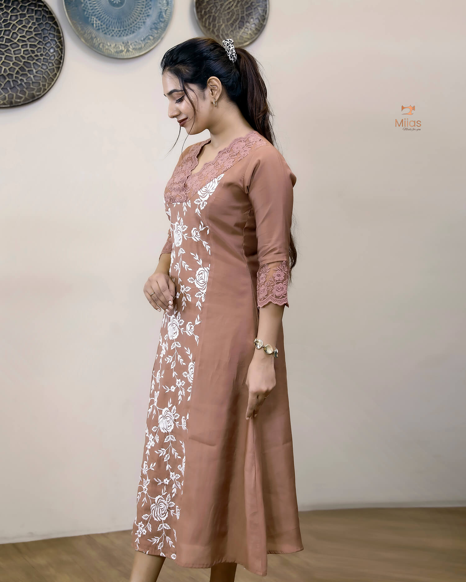 Mul Chanderi Dress Kurti | Embroidered 3-Panel Design-Brown.