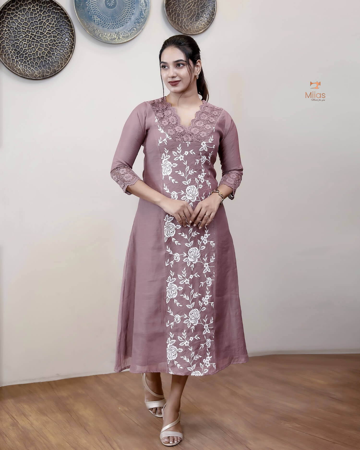 Mul Chanderi Dress Kurti | Embroidered 3-Panel Design-Mauve Pink.