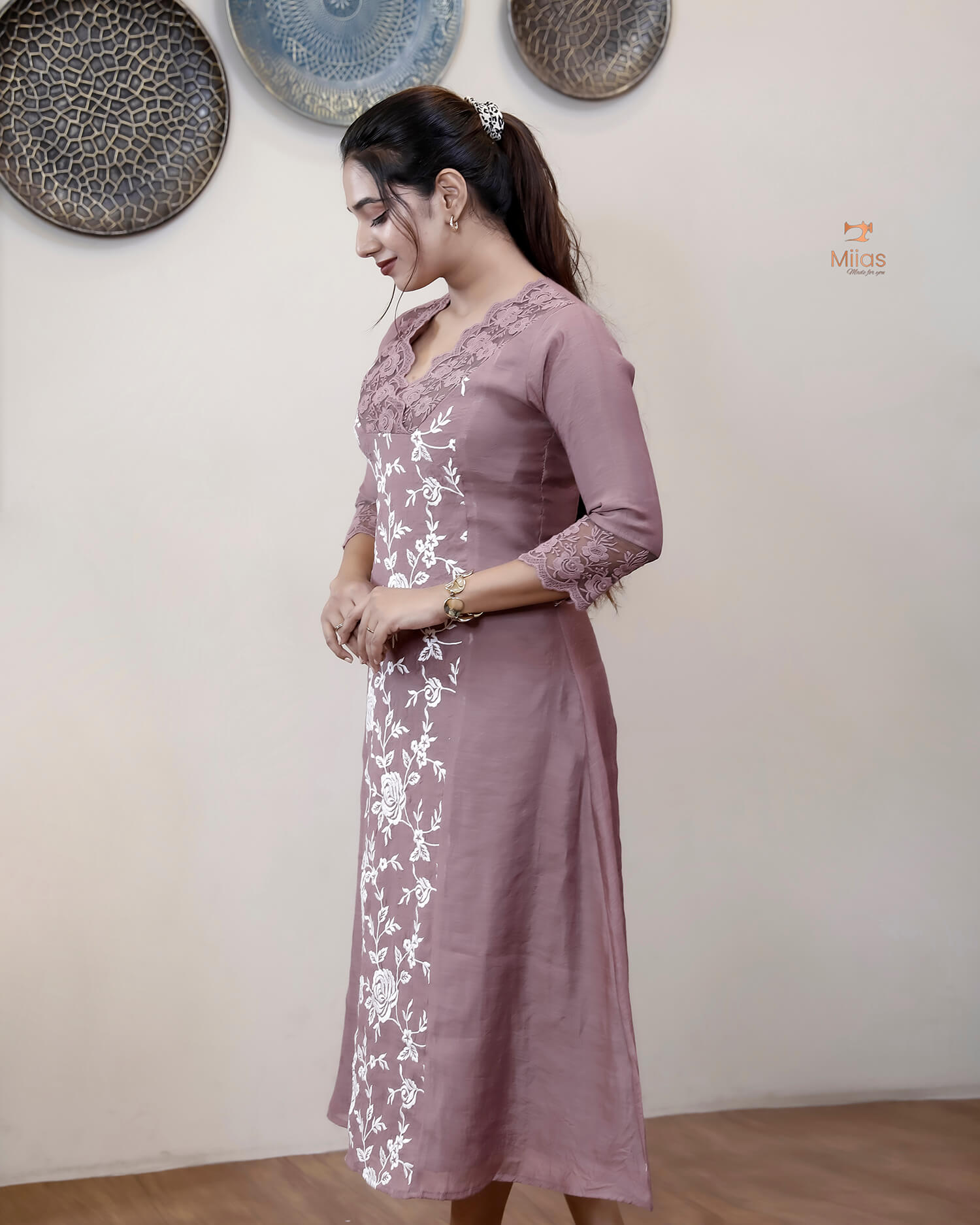 Mul Chanderi Dress Kurti | Embroidered 3-Panel Design-Mauve Pink.