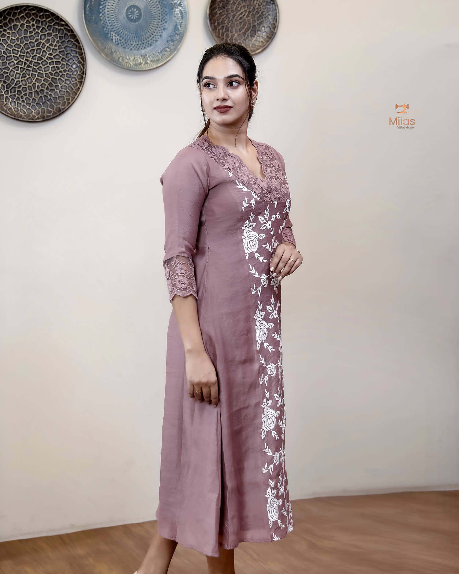Mul Chanderi Dress Kurti | Embroidered 3-Panel Design-Mauve Pink.