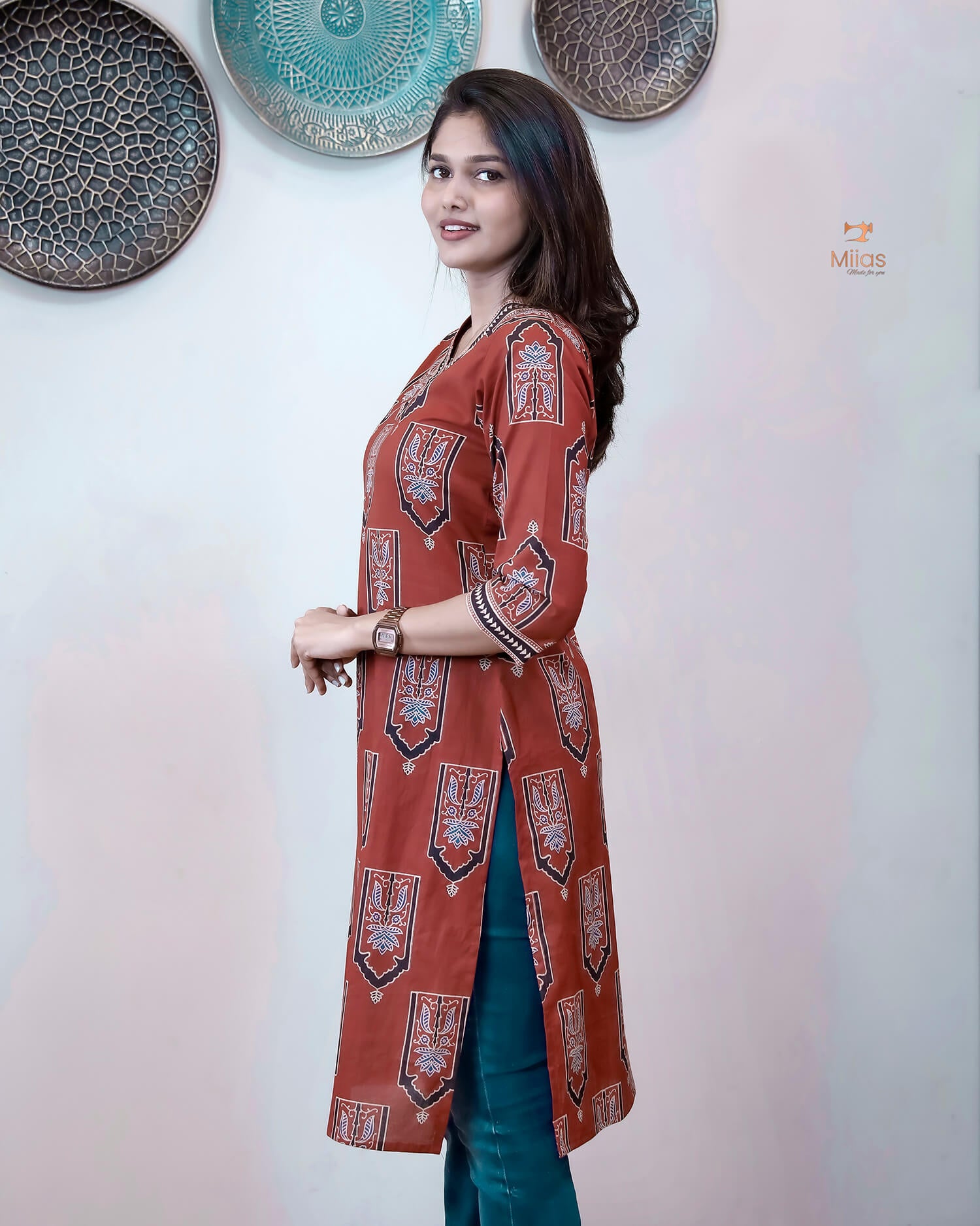 Cotton Ajrakh Top: Stunning V-Neck Printed Top-Brick Red