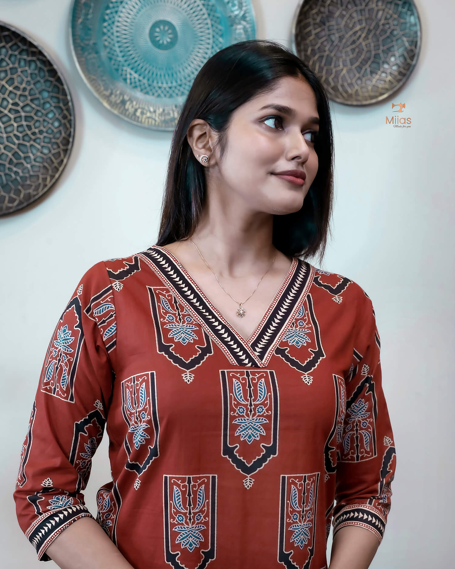 Cotton Ajrakh Top: Stunning V-Neck Printed Top-Brick Red