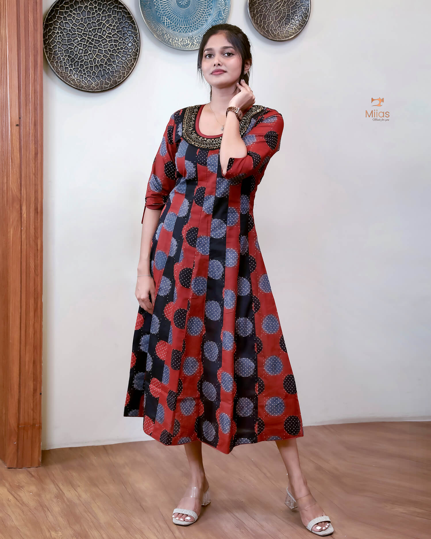Ajrakh Cotton Kurti with Beaded Neckline & Sequins-Brick Red