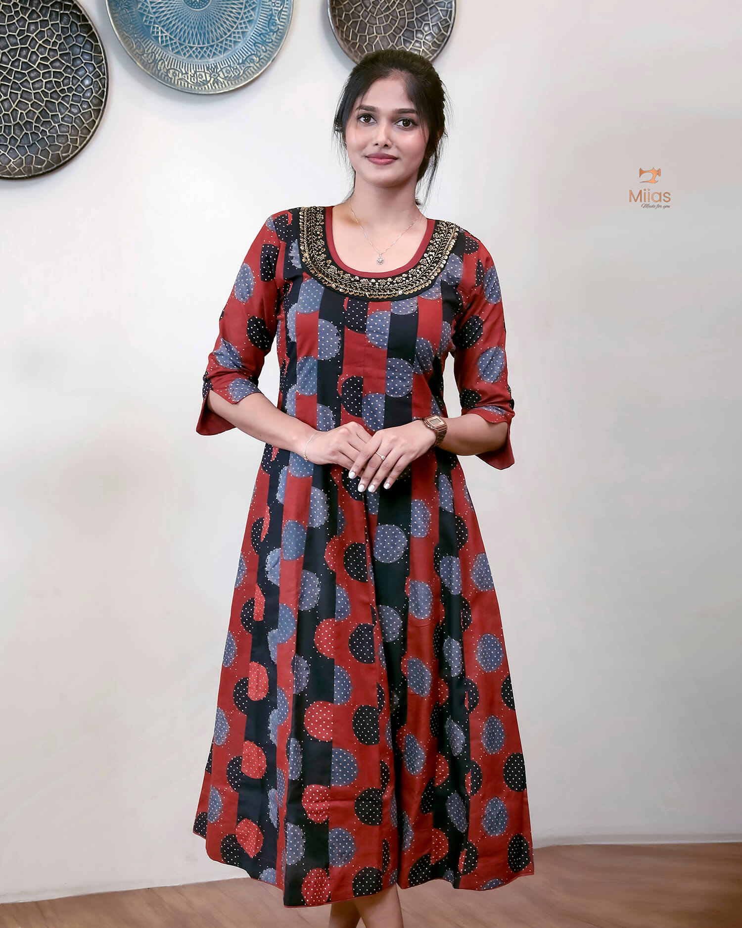 Ajrakh Cotton Kurti with Beaded Neckline & Sequins-Brick Red