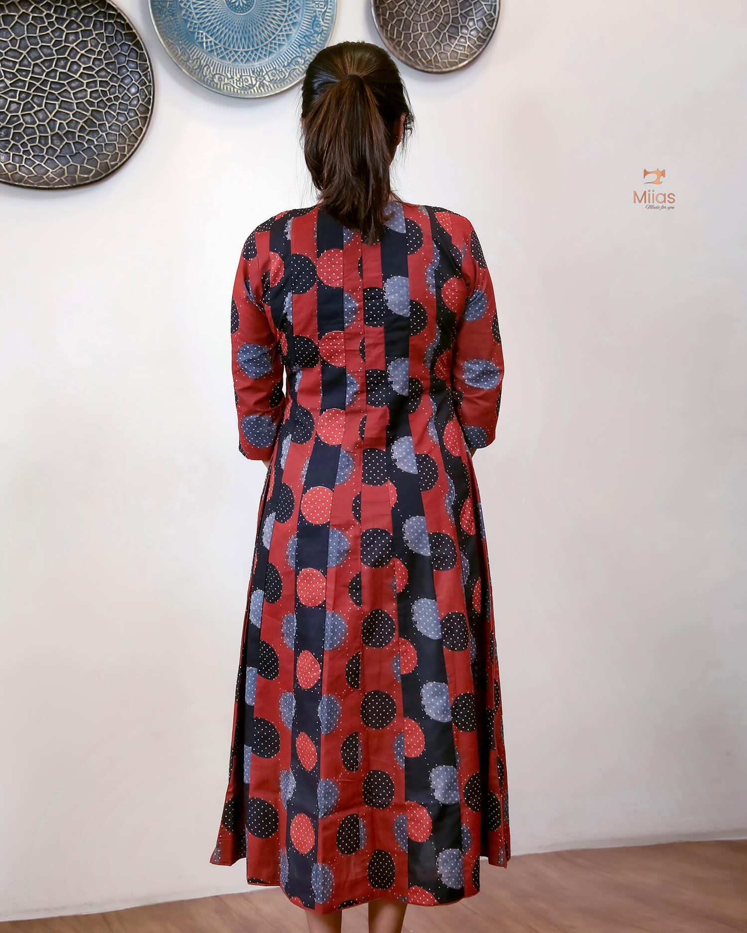 Ajrakh Cotton Kurti with Beaded Neckline & Sequins-Brick Red