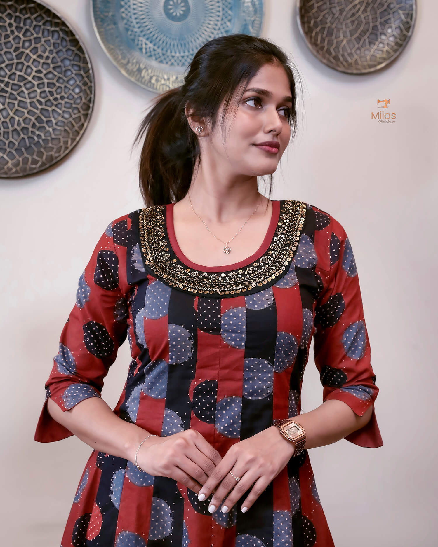 Ajrakh Cotton Kurti with Beaded Neckline & Sequins-Brick Red