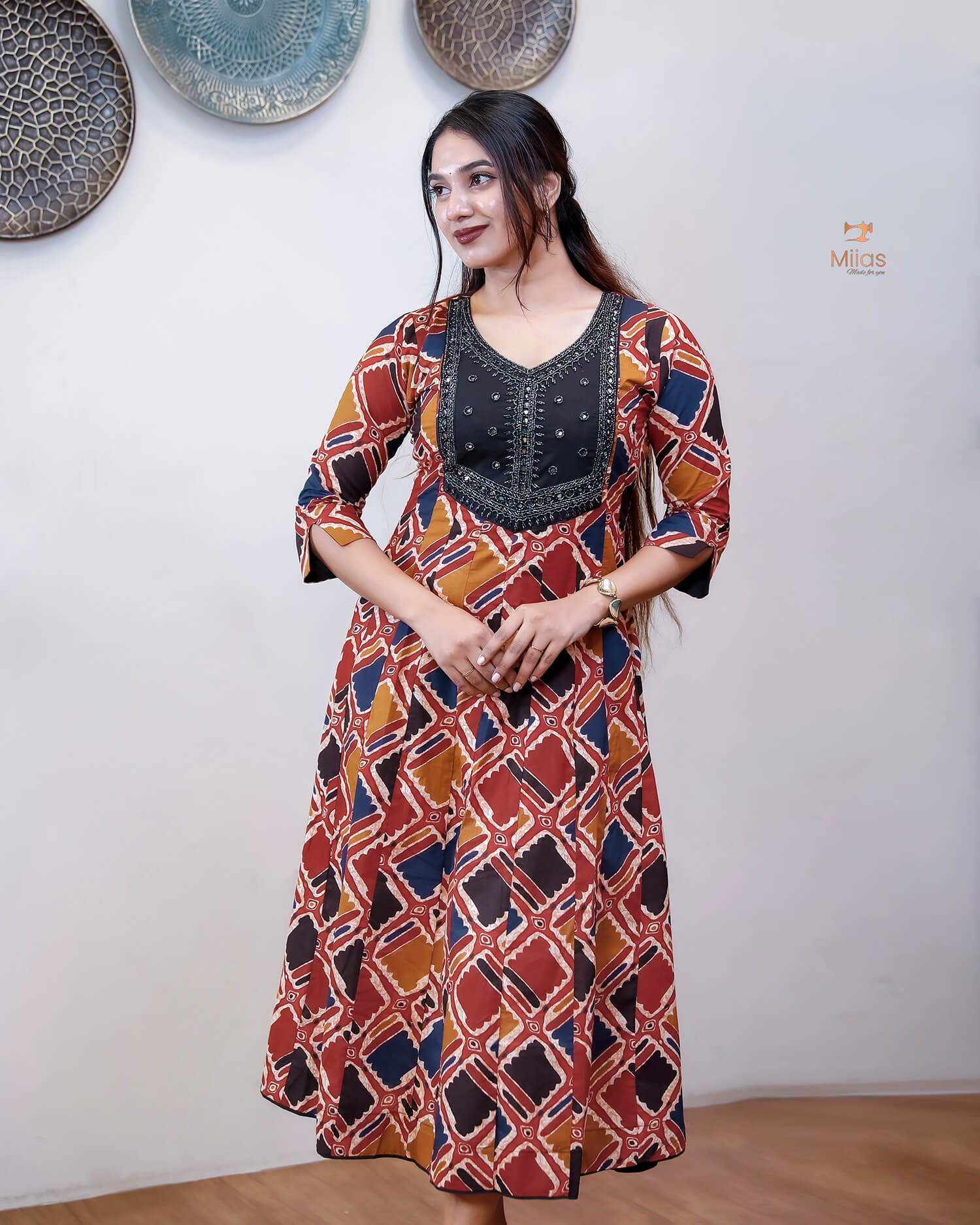 Printed Cotton Kurti | Beaded, Mirror Work Panel-Cut Design-Brick Red.