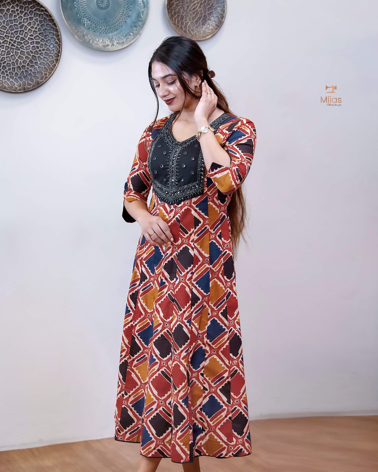 Printed Cotton Kurti | Beaded, Mirror Work Panel-Cut Design-Brick Red.