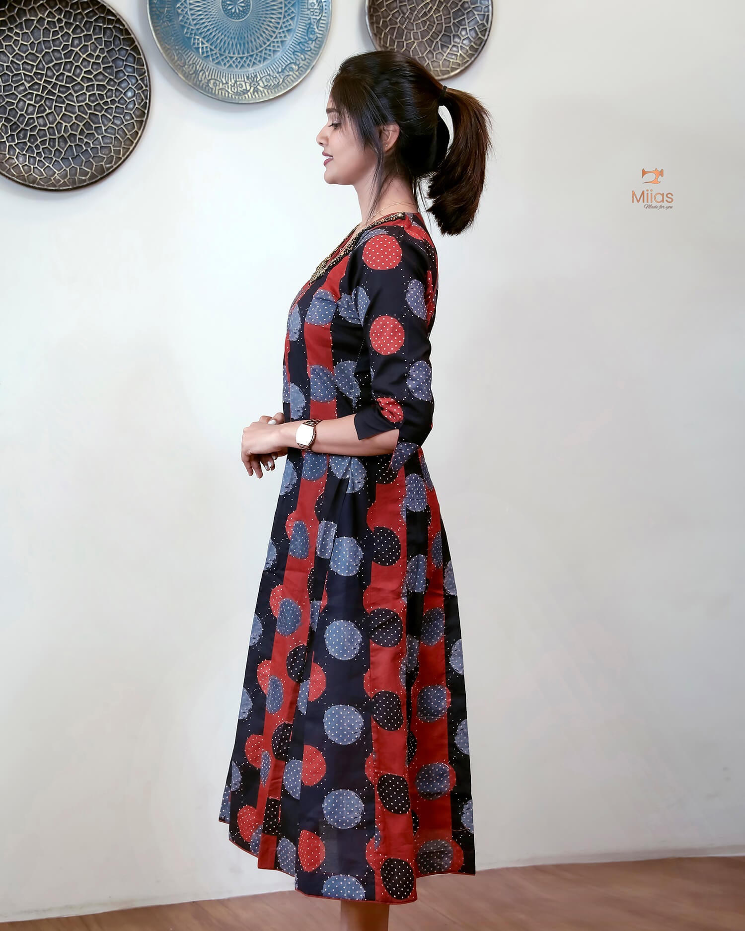 Ajrakh Cotton Kurti with Beaded Neckline & Sequins-Black