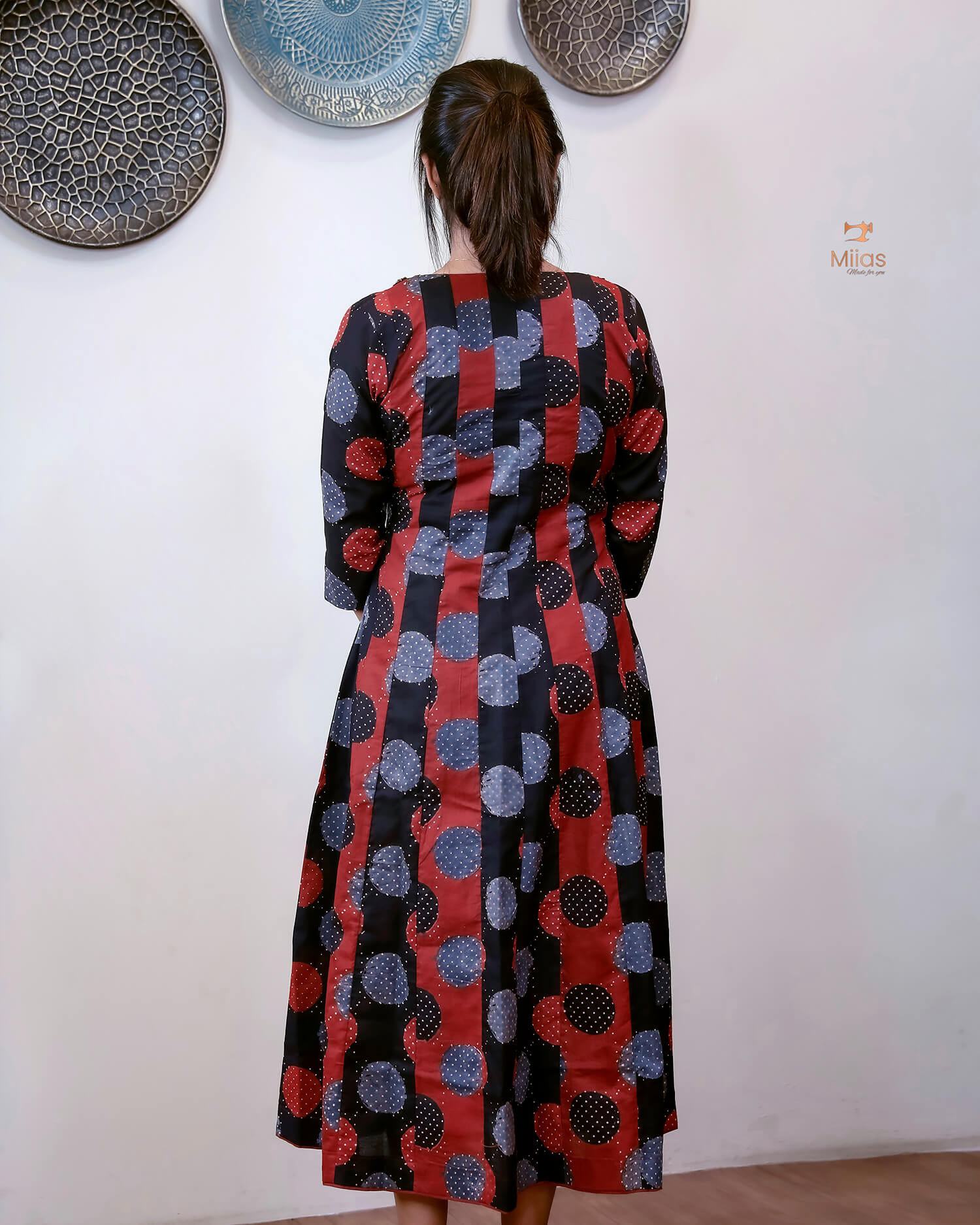 Ajrakh Cotton Kurti with Beaded Neckline & Sequins-Black