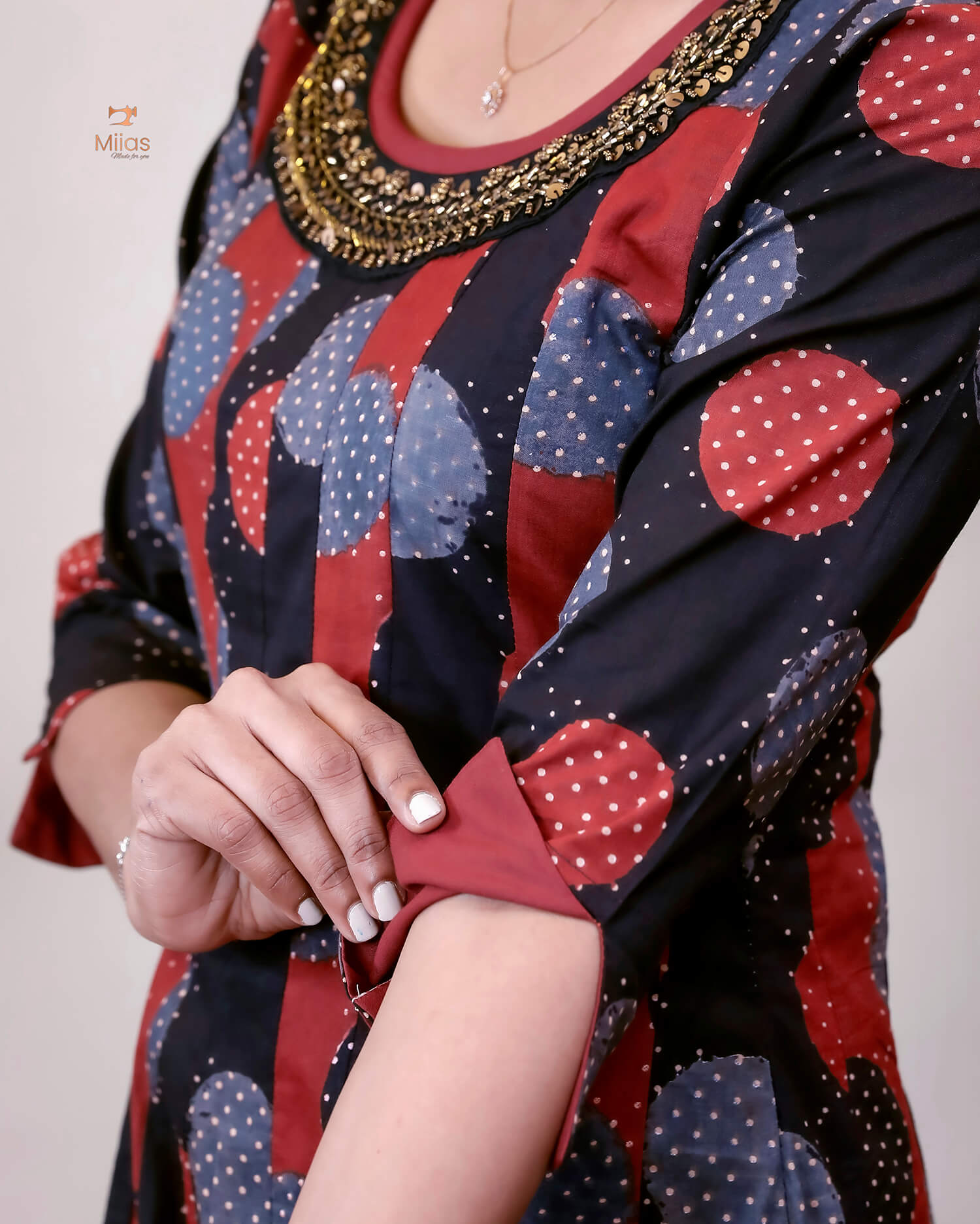 Ajrakh Cotton Kurti with Beaded Neckline & Sequins-Black