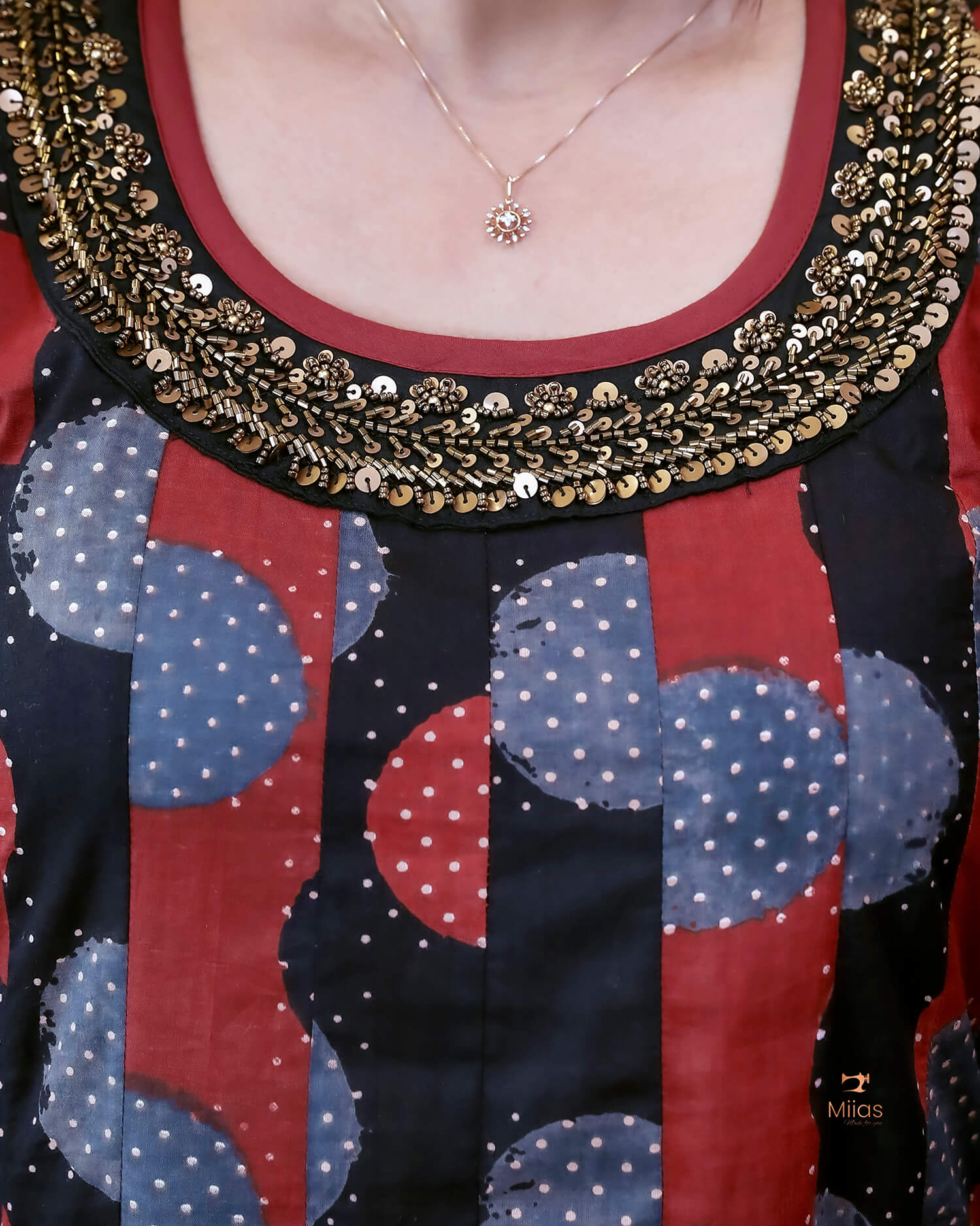 Ajrakh Cotton Kurti with Beaded Neckline & Sequins-Black