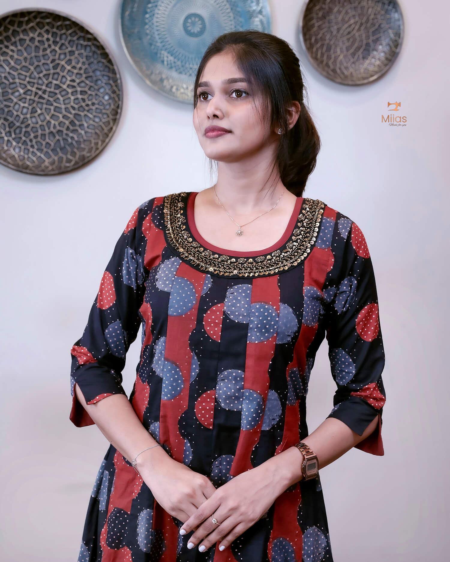 Ajrakh Cotton Kurti with Beaded Neckline & Sequins-Black