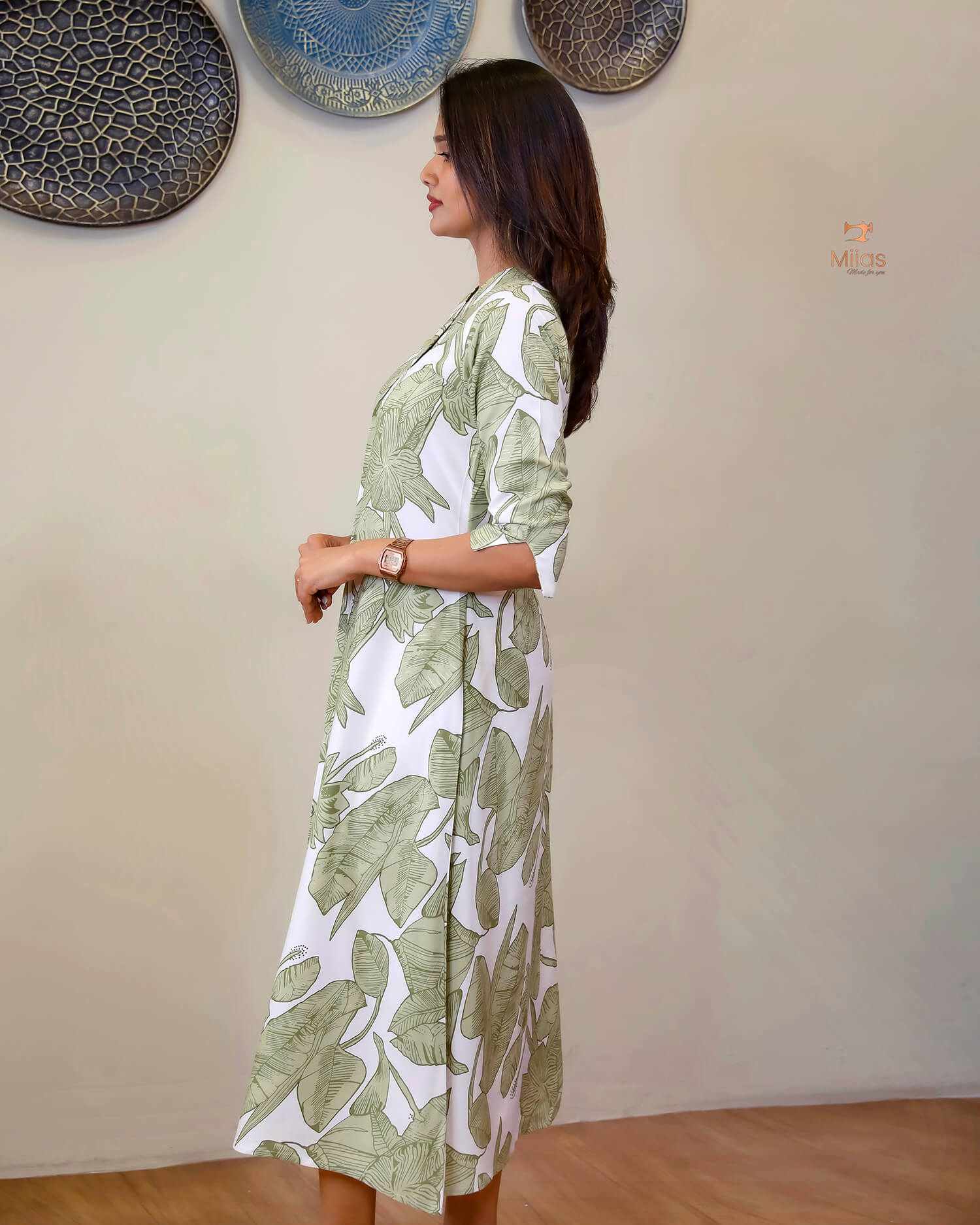 Imported Rayon Cotton A-Line Kurti with Flowing Fit & Side Pocket-White and Green