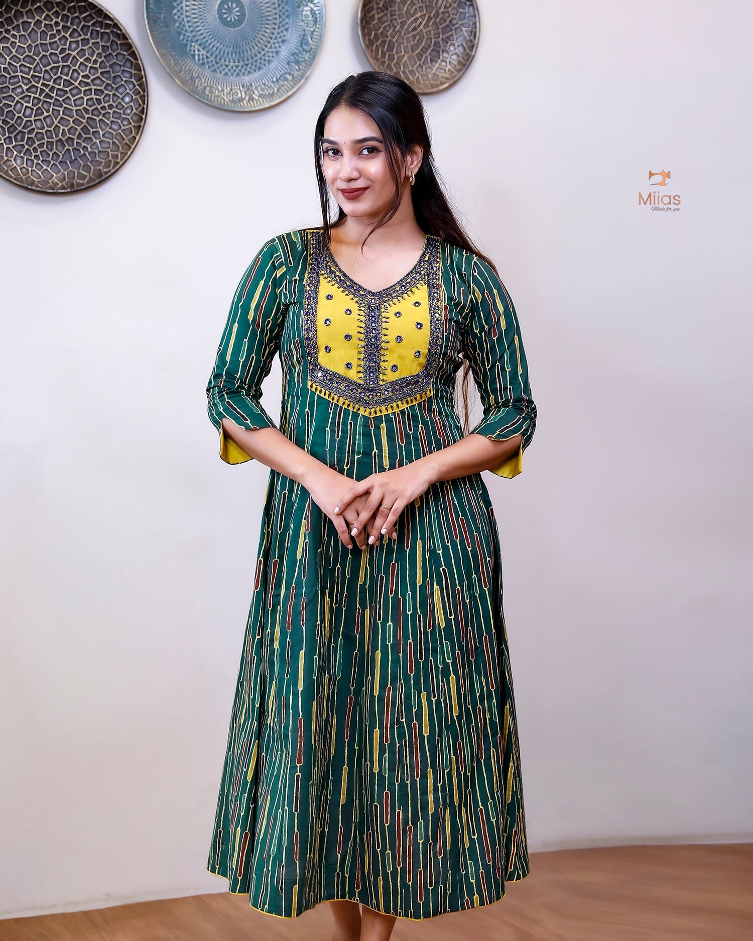 Printed Cotton Kurti | Beaded, Mirror Work Panel-Cut Design-Green Stripes.