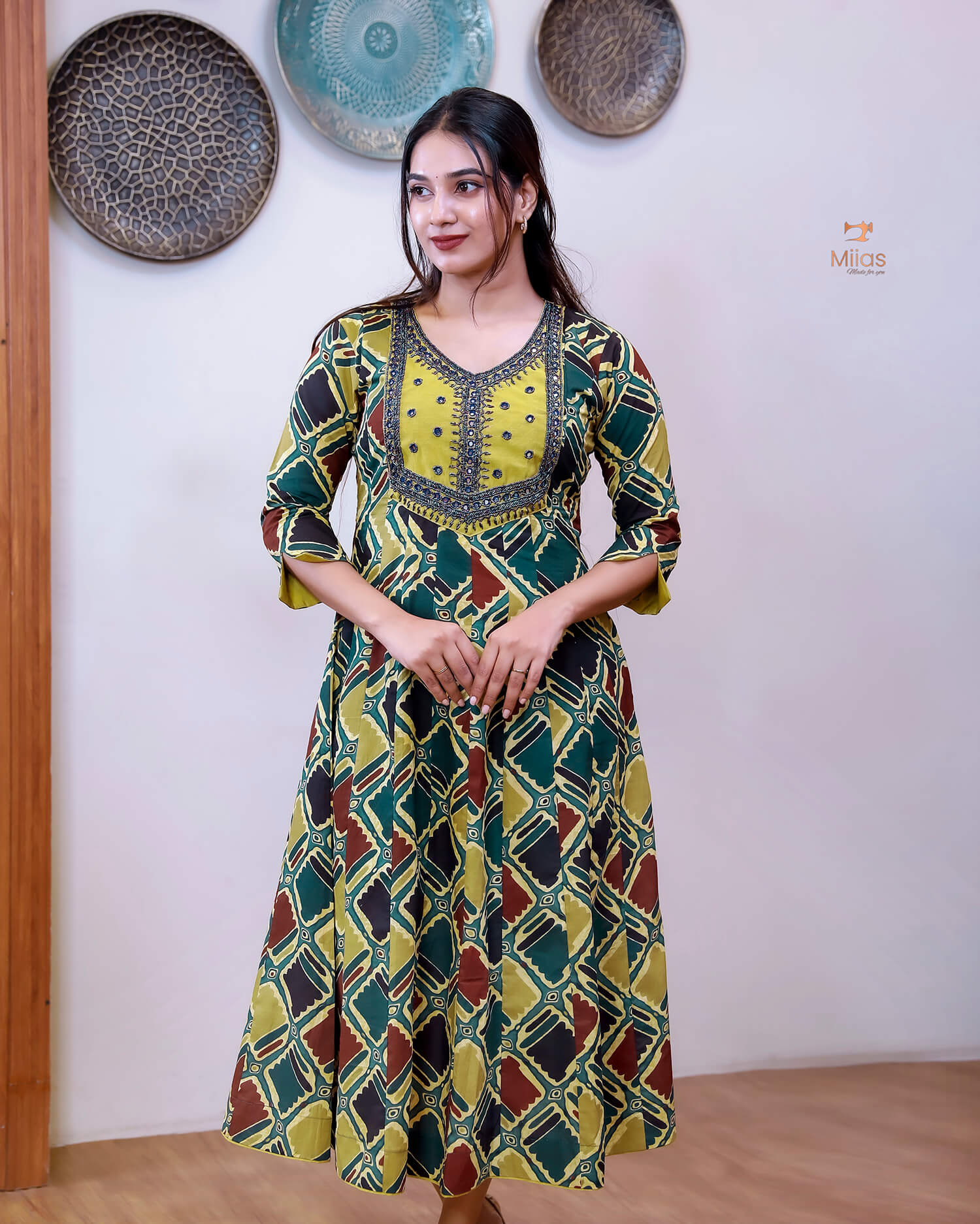 Printed Cotton Kurti | Beaded, Mirror Work Panel-Cut Design-Yellow.