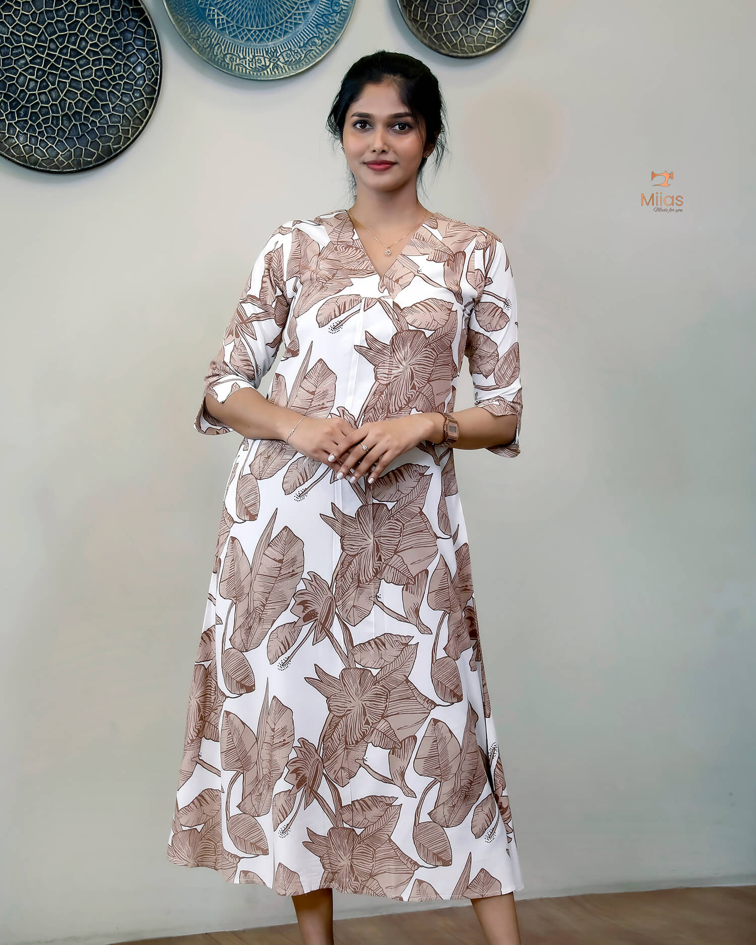 Imported Rayon Cotton A-Line Kurti with Flowing Fit & Side Pocket-White and Brown