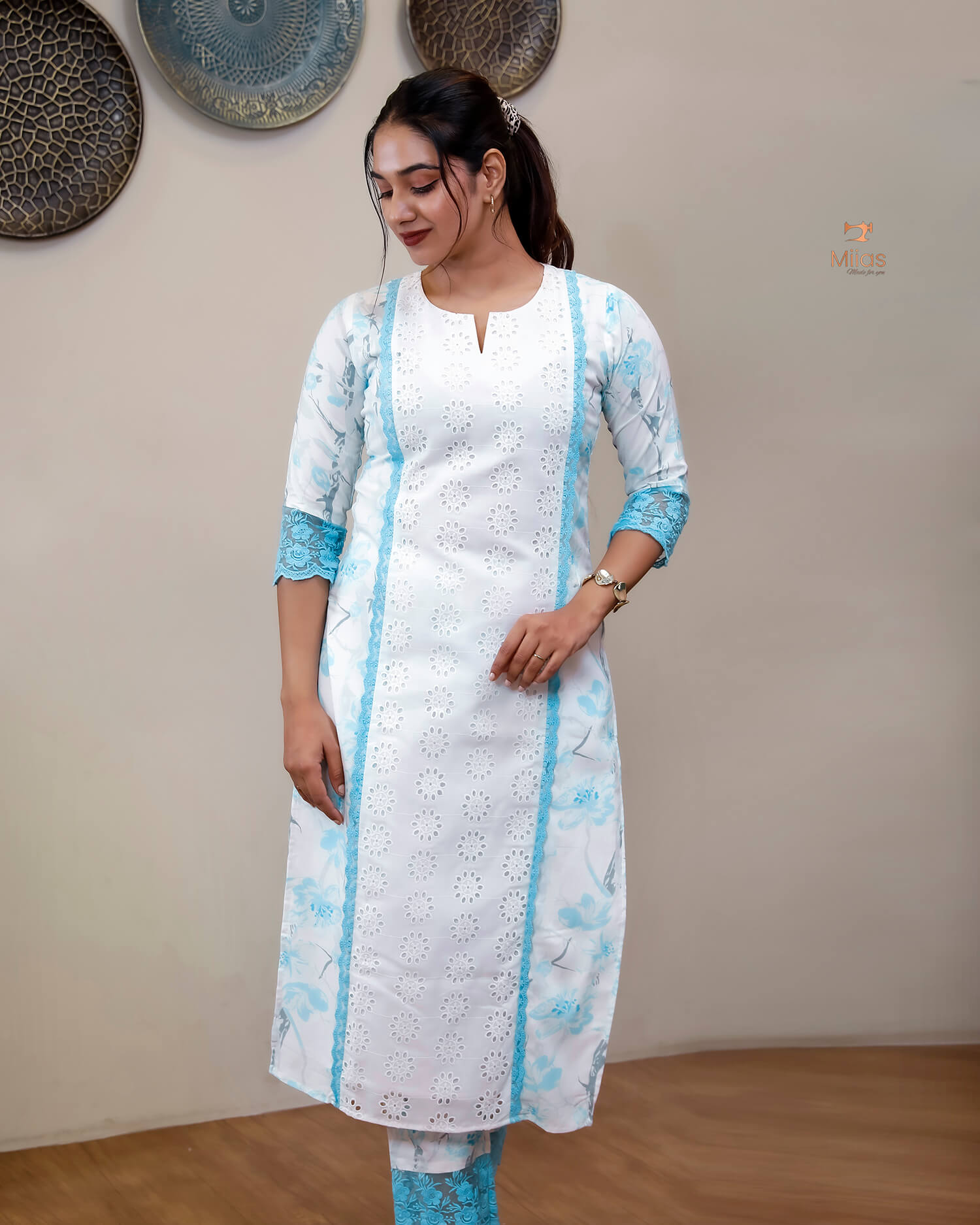 Cotton Co-ord Set with Chiffon Dupatta & Lace-Light Blue.