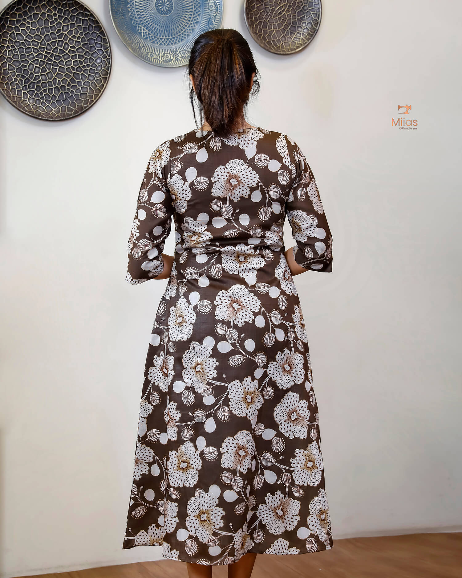 Vatican A-Line Kurti with Zari V-Neck & Pocket-Dark Brown