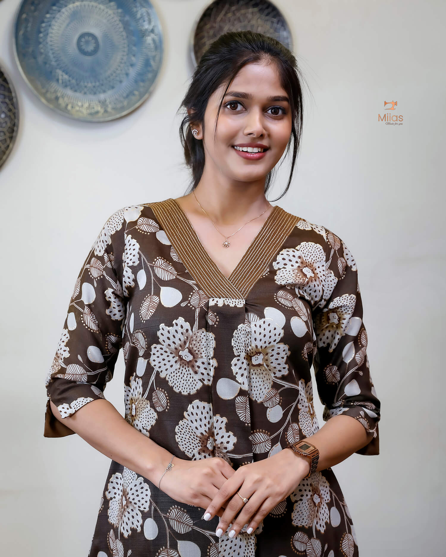 Vatican A-Line Kurti with Zari V-Neck & Pocket-Dark Brown