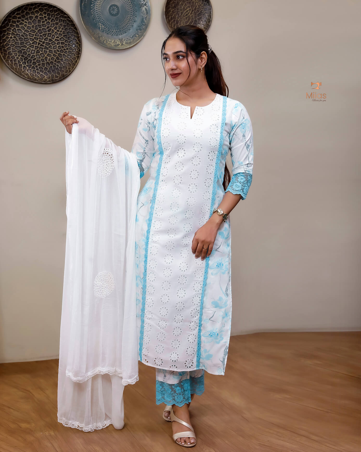 Cotton Co-ord Set with Chiffon Dupatta & Lace-Light Blue.