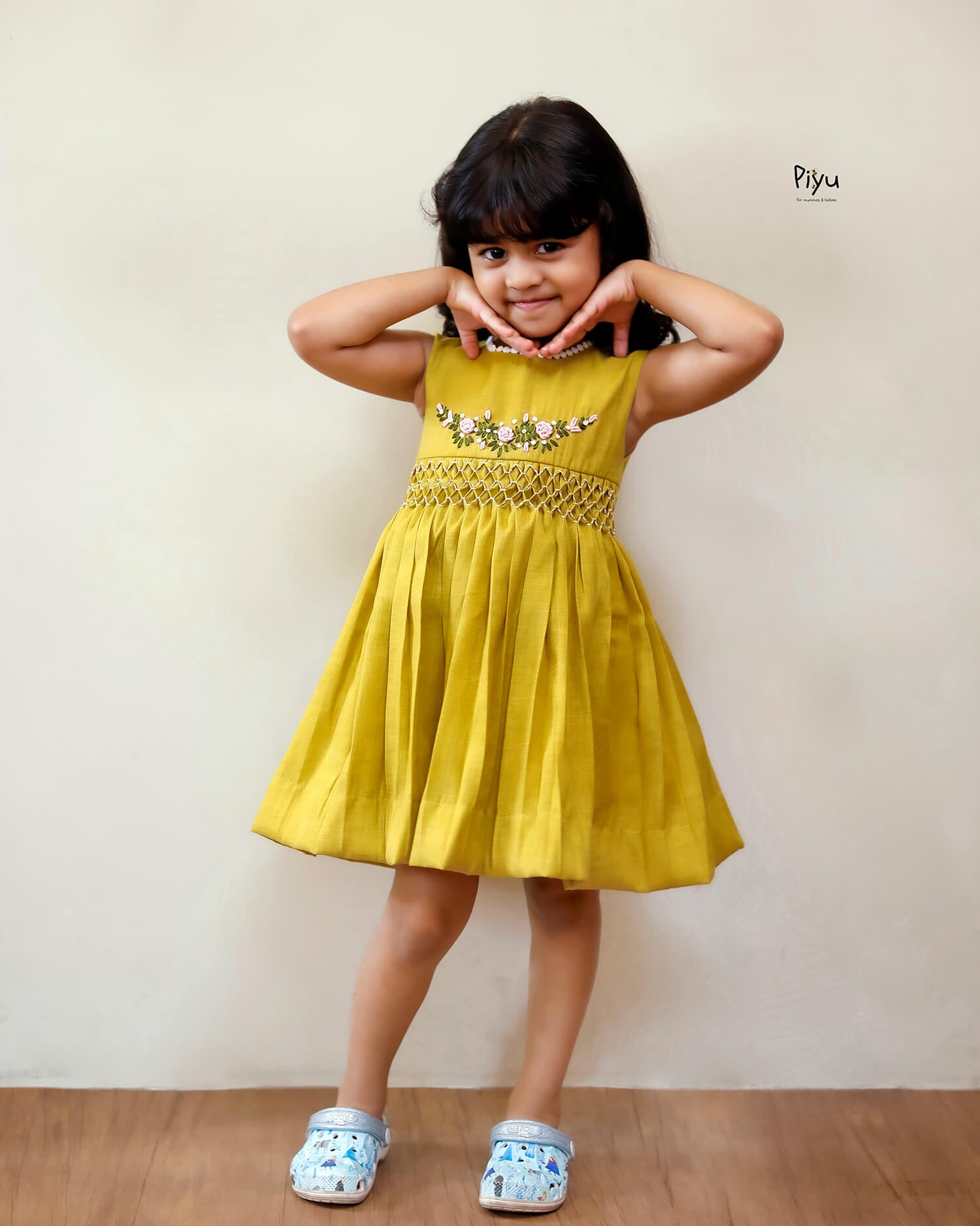 Linen-Cotton Frock w/ Lace & Hand Embroidered Roses-Yellow.