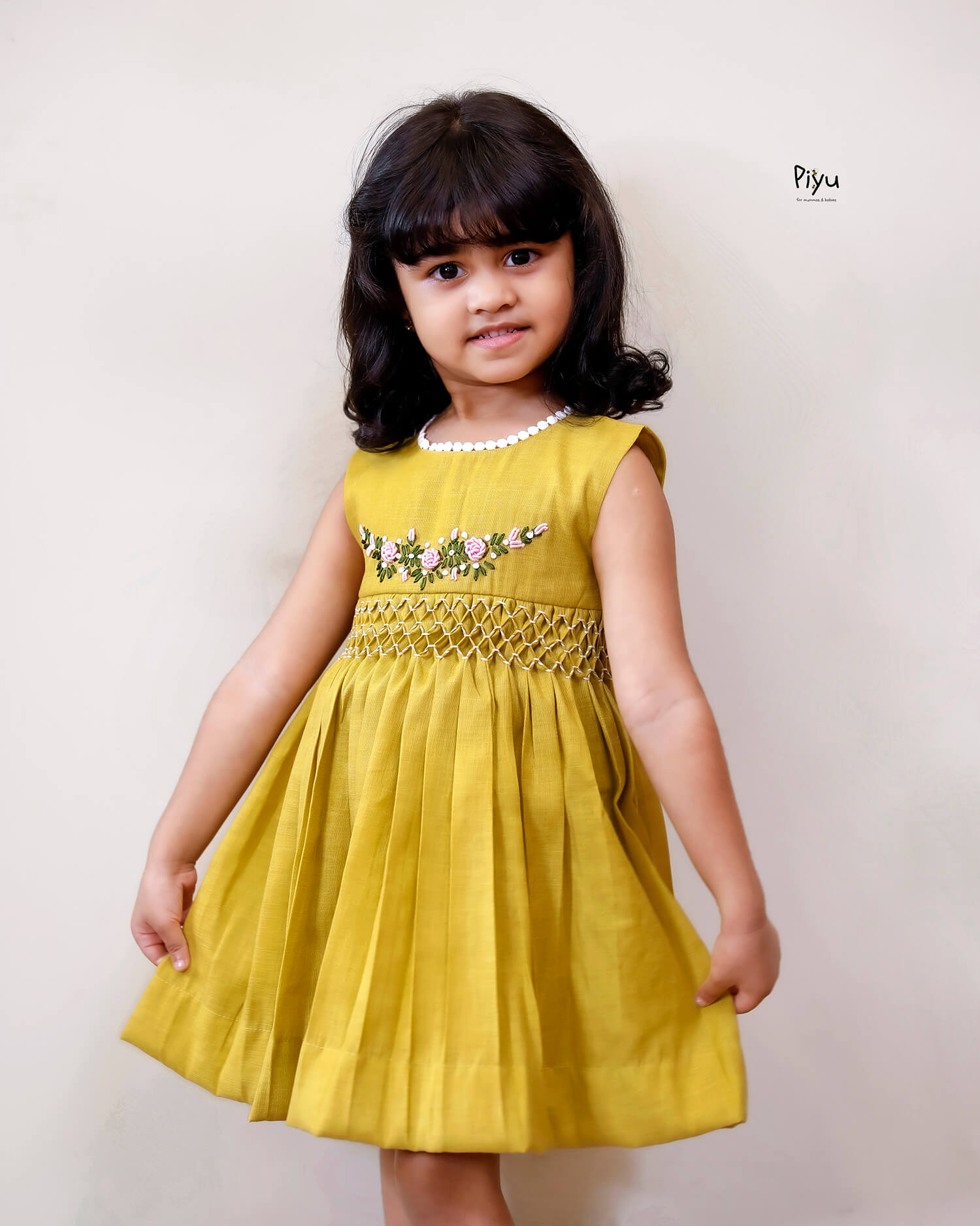 Linen-Cotton Frock w/ Lace & Hand Embroidered Roses-Yellow.