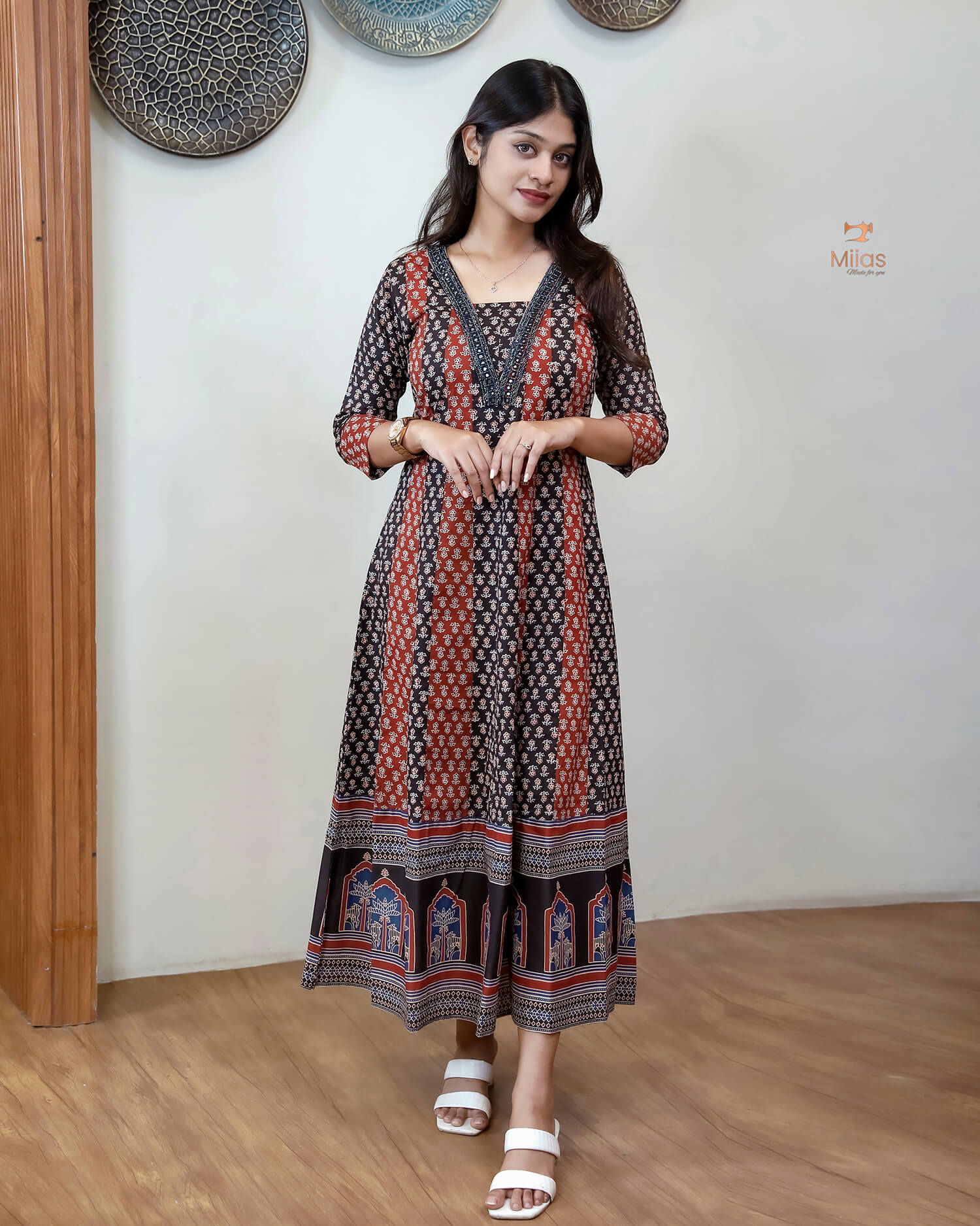 Ajrakh Kurti | Dual-Tone Panels with Artisan Beadwork & Mirrors-Black