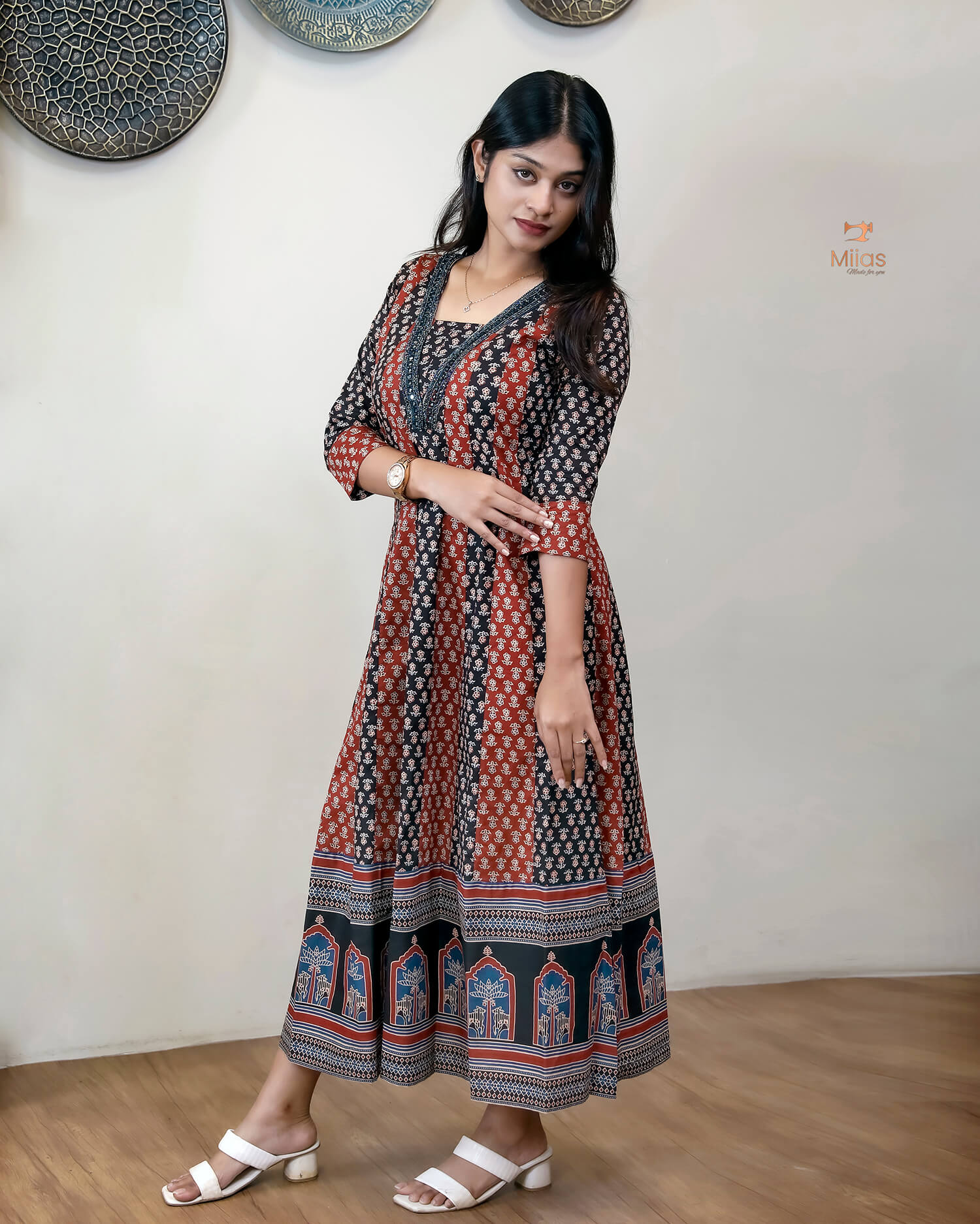Ajrakh Kurti | Dual-Tone Panels with Artisan Beadwork & Mirrors-Black