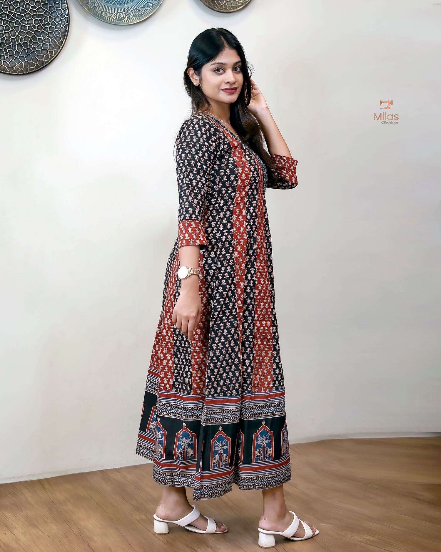Ajrakh Kurti | Dual-Tone Panels with Artisan Beadwork & Mirrors-Black