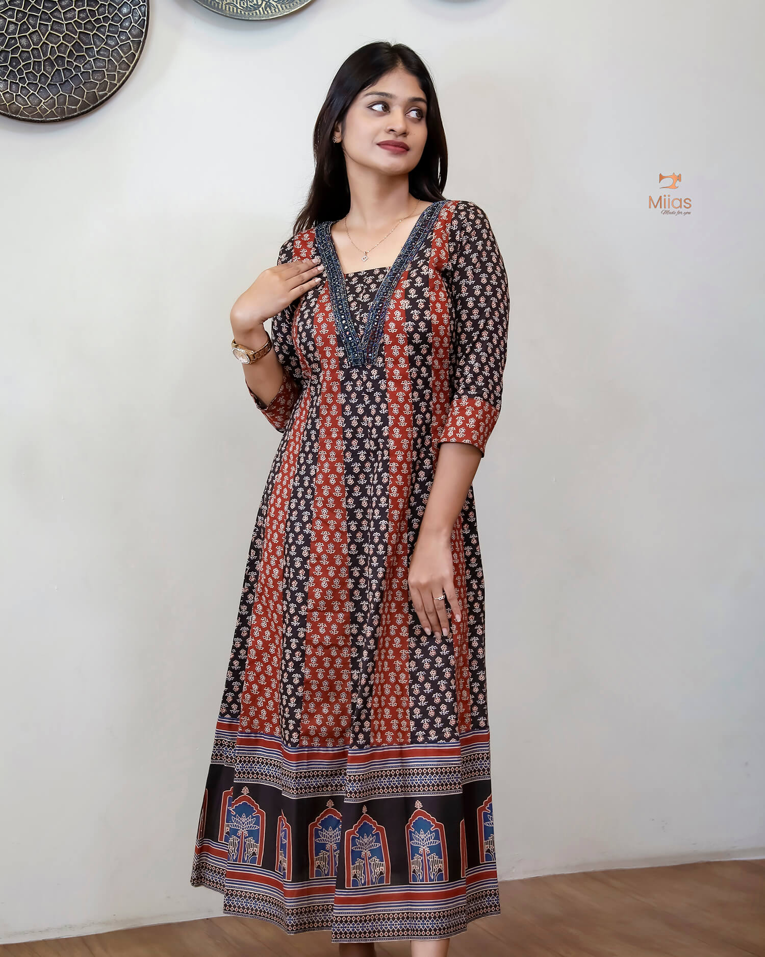Ajrakh Kurti | Dual-Tone Panels with Artisan Beadwork & Mirrors-Black