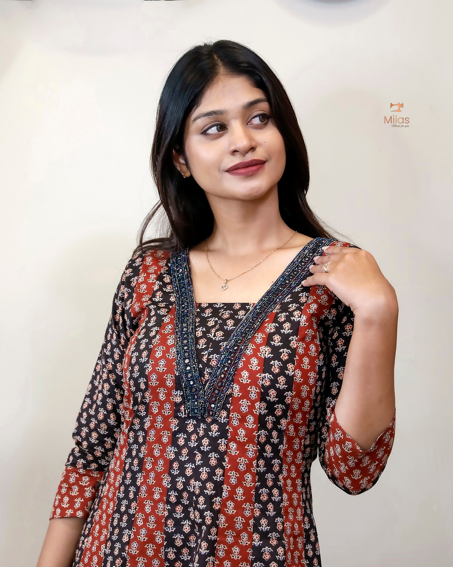 Ajrakh Kurti | Dual-Tone Panels with Artisan Beadwork & Mirrors-Black