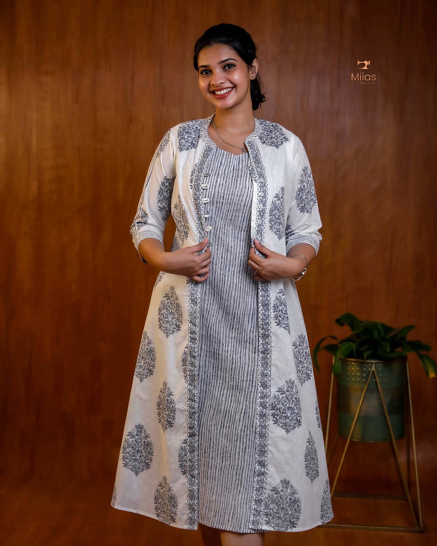 Embroidered Cotton Dress & Jacket Set with Mirror Work