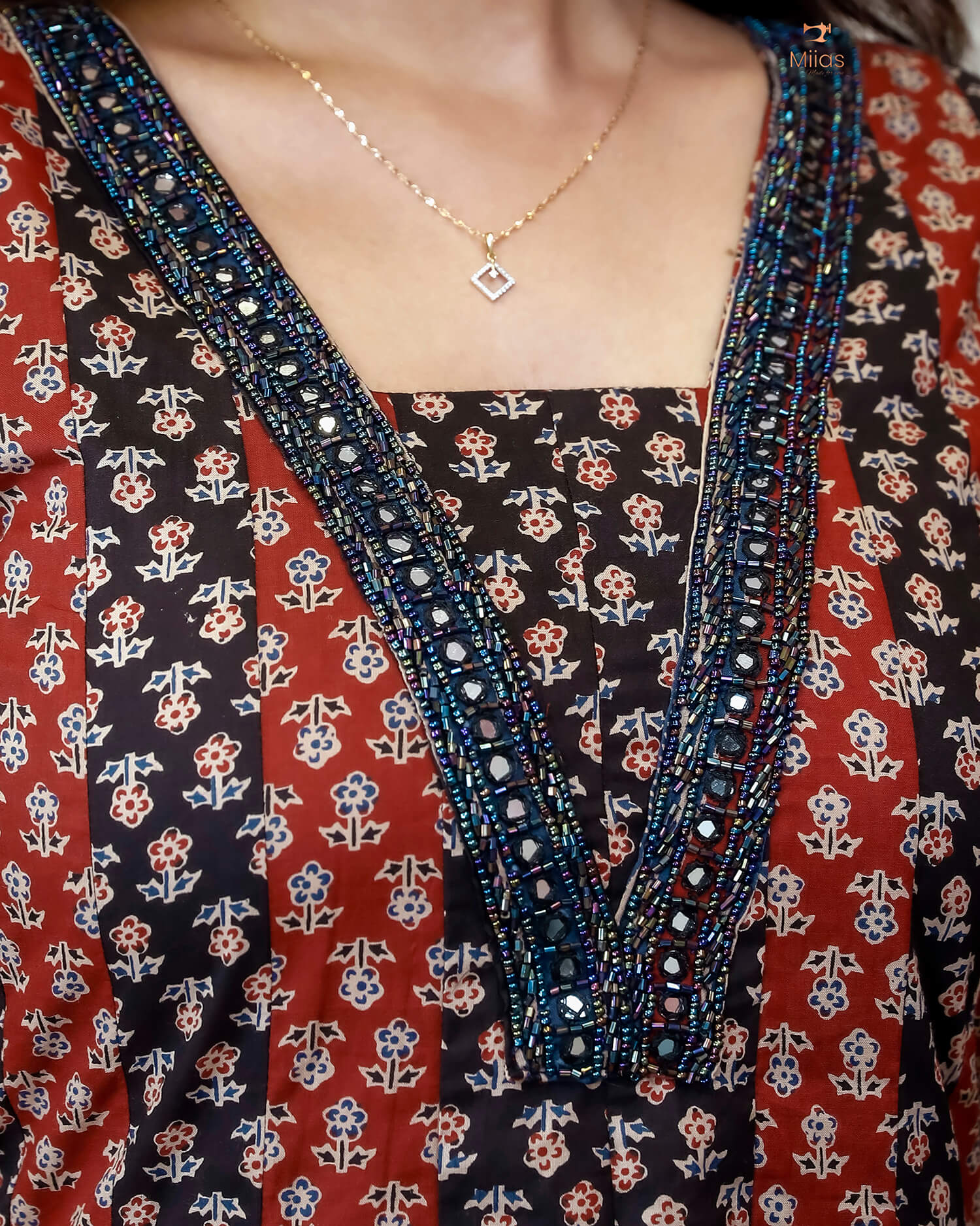 Ajrakh Kurti | Dual-Tone Panels with Artisan Beadwork & Mirrors-Black